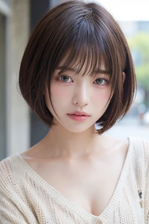 (Bob Cut Hair:1.2),(Wear a knitted sweater:1.2),1 girl,Japanese,21 years old,(Small breasts:1.3),(highest quality,masterpiece:1.3,超A high resolution,),(Ultra-detailed,Caustics),(Photorealistic:1.4,RAW shooting,)Ultra-Realistic Capture,Very detailed,High resolution 16K human skin close-up。 Natural skin texture、,Pores、、It needs to be detailed enough to be easily identifiable。 Skin should be even-toned and healthy looking。 Use natural light and colour, Sad expression, Looking at the camera, Perfect dynamic composition, Outdoor