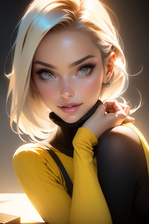 (realista,photorealista:1.37),mulher,wearing high collar sweater,cinto de liga usando,Pose sexy,rosto sorridente,olhos detalhados,detailed lips,visual elegante,cabelos longos flutuando ao vento,Contemporary antecedents,studio lighting,cores vivas
