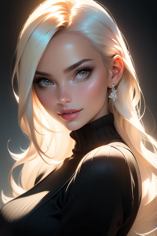 (realista,photorealista:1.37),mulher,wearing high collar sweater,cinto de liga usando,Pose sexy,rosto sorridente,olhos detalhados,detailed lips,visual elegante,cabelos longos flutuando ao vento,Contemporary antecedents,studio lighting,cores vivas
