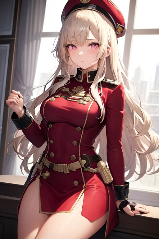 ((best quality)), ((masterpiece)), (detailed), 1girl, medium wavy platinum blonde hair, bangs, pink eyes, red military outfit, ak47