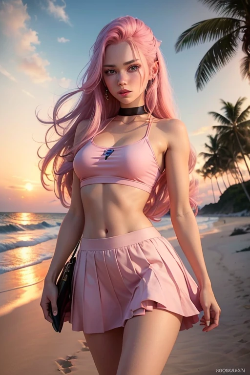 18 year old model, she has long pink hair, blue eyes, and natural lipstick, she is wearing a pink skirt, a pink top, she is on the beach, watching the sunset, beautiful and bright, realistic, the sea is very blue, she is walking on the beach in the sand in freight to the sea taking a selfie with your cell phone iPhone 7