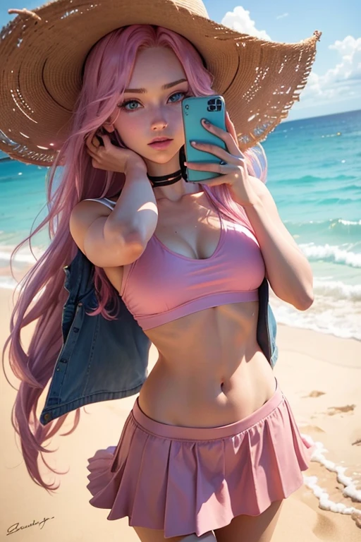 18 year old model, she has long pink hair, blue eyes, and natural lipstick, she is wearing a pink skirt, a pink top, she is on the beach, watching the sunset, beautiful and bright, realistic, the sea is very blue, she is walking on the beach in the sand in freight to the sea taking a selfie with your cell phone iPhone 7