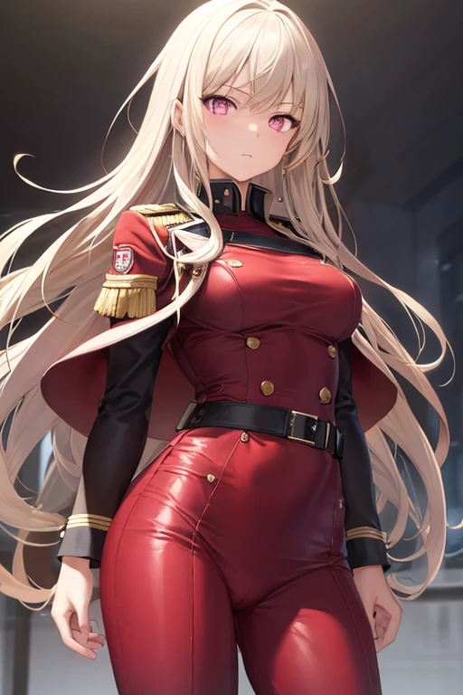 ((best quality)), ((masterpiece)), (detailed), 1girl, medium wavy platinum blonde hair, bangs, pink eyes, red military outfit, ak47