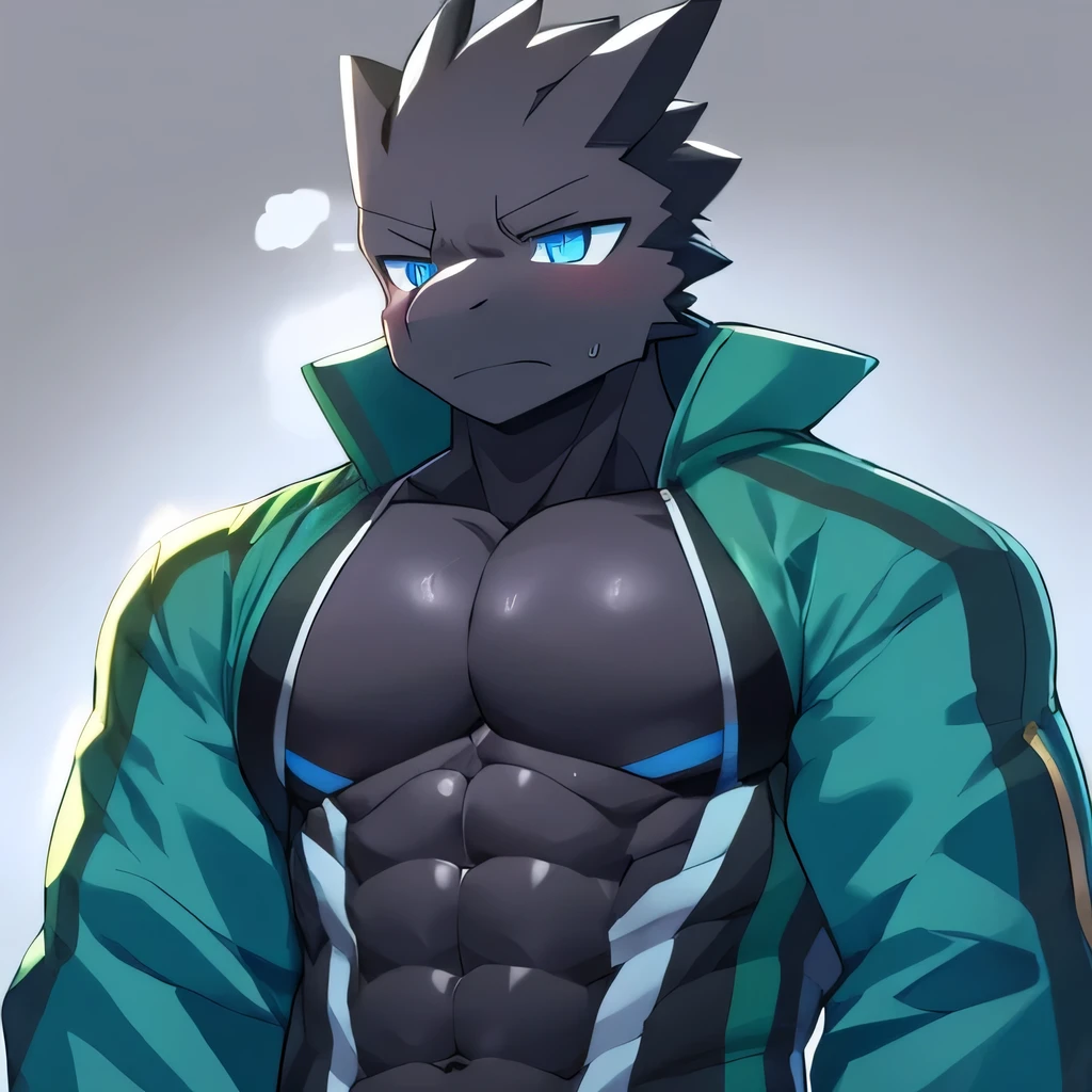 Thin macho　western black dragon　　abs　　　　　Hollow abs　　body suit　　thick arms　　　chest rig　　　、sweaty　　　skin glow　　profile　　Wearily　short of breath　　  　Chemo shota　　
have a 　blue eyes　Tired look　Glowing abs　Deep abdominals jacket　profile