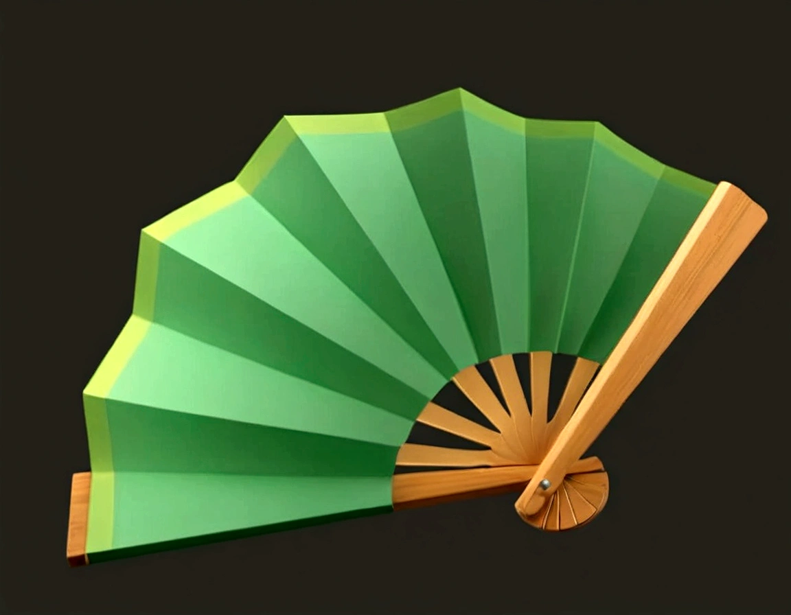 There is a green paper fan,With wooden handle, Studio Lighting, Clean background, 3D, c4d, Blender, Red shift, Super detailed,