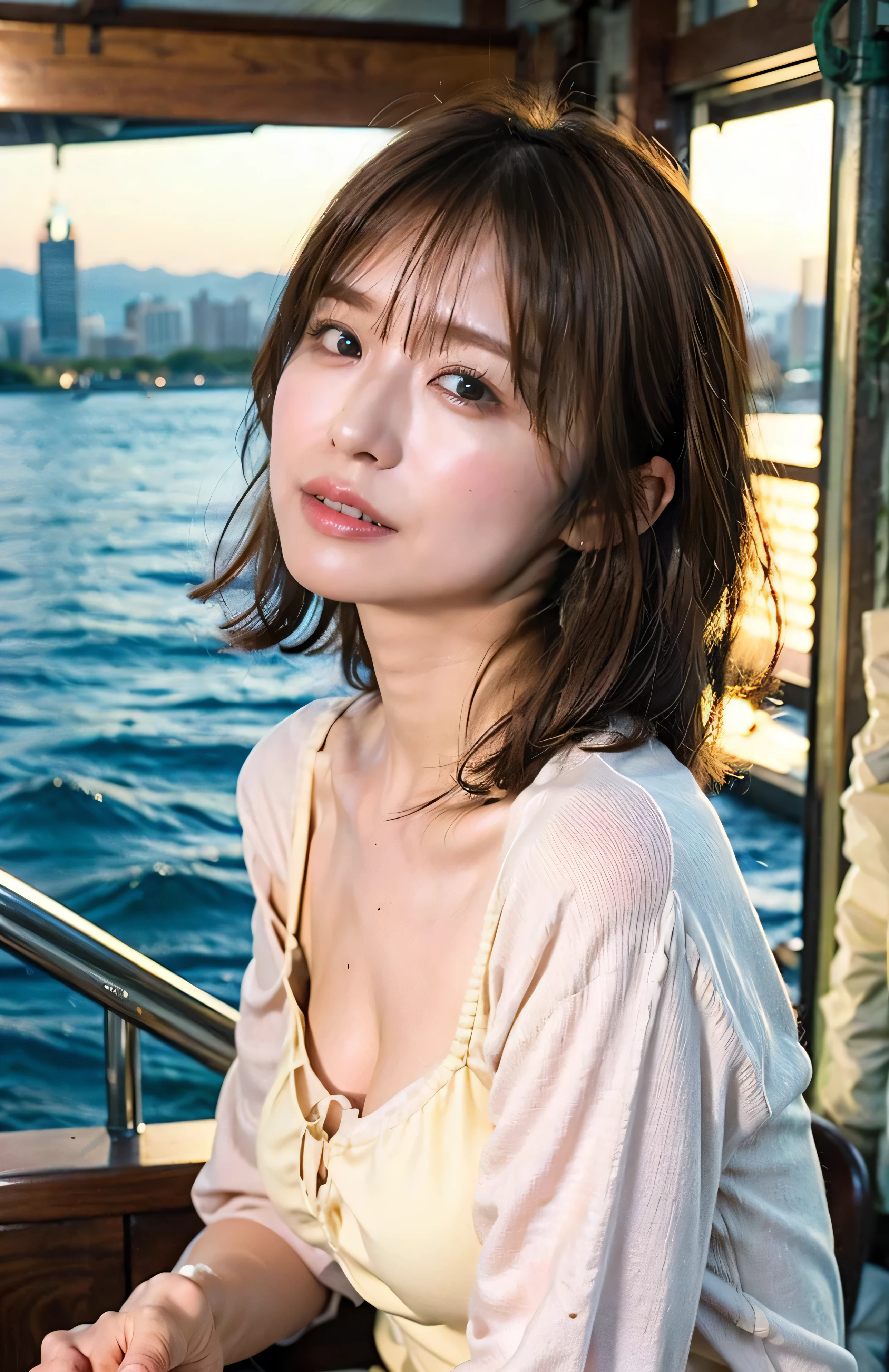 The sky turns red、Woman standing on a boat、Light brown hair、Elegant hairstyle、Blue Eyed Woman、A woman with a cute upward gaze、When the sky gets dark、The gentle light of the ship shines、The sky turns red as the sun sets、Tight clothing that shows your body lines、、Elegant navy blue summer knit、Elegant black summer sweater、belt、Short skirt、Dress elegantly着こなす、Luxury Bagedium Short Hair:1.4))、Skyscrapers seen across the sea、Manhattan 私sland is visible offshore、Woman on a sightseeing boat、、The sun shines on her、Light brown hair、Light brown hair、The sky was dyed red、There are clouds、private's cute、An elegantly dressed woman is sitting on a boat and watching the sunset、Her ample breasts are obvious even through her clothes..、The shining sun is so beautiful、Dusk is approaching、Lens flare、You can see the sunset、((Sunlight reflecting off the ocean、Ocean View、The sun shines on the ocean、'beautiful.、Small earrings、private'evening、Birds are also flying、、Brown Hair Color、Tying up hair、The woman is on the right:1.4))、High-quality leather belt、Shiny clothes、Light beige hair color、Background Blur、Braid only the front hair、Light brown hair、{{Cowgirl Shot}}、((Close-up shot from the waist up、Ample breasts:1.4))、Smile、Silk clothing、Ample breasts that can be seen even through clothes、Braid only the front hair、Cowboy Shot、Gorgeous white collared silk shirt and brown skirt、Dress elegantly、Luxury Bags、A lovely smile、((Ample breasts))、Full body photo、ring、Short skirt、Tuck your hair behind one ear、Silver Necklace、smile、 Elegant ponytail、Caustics、Highly detailed photos、Very beautiful and ideal short hair、Super no makeup、(8k、RAW Photos、highest quality、masterpiece:1.2)、(Realistic、Realistic)、1 girl、((Medium Short Hair、Looking into the camera:1.4))、Hair blowing in the wind