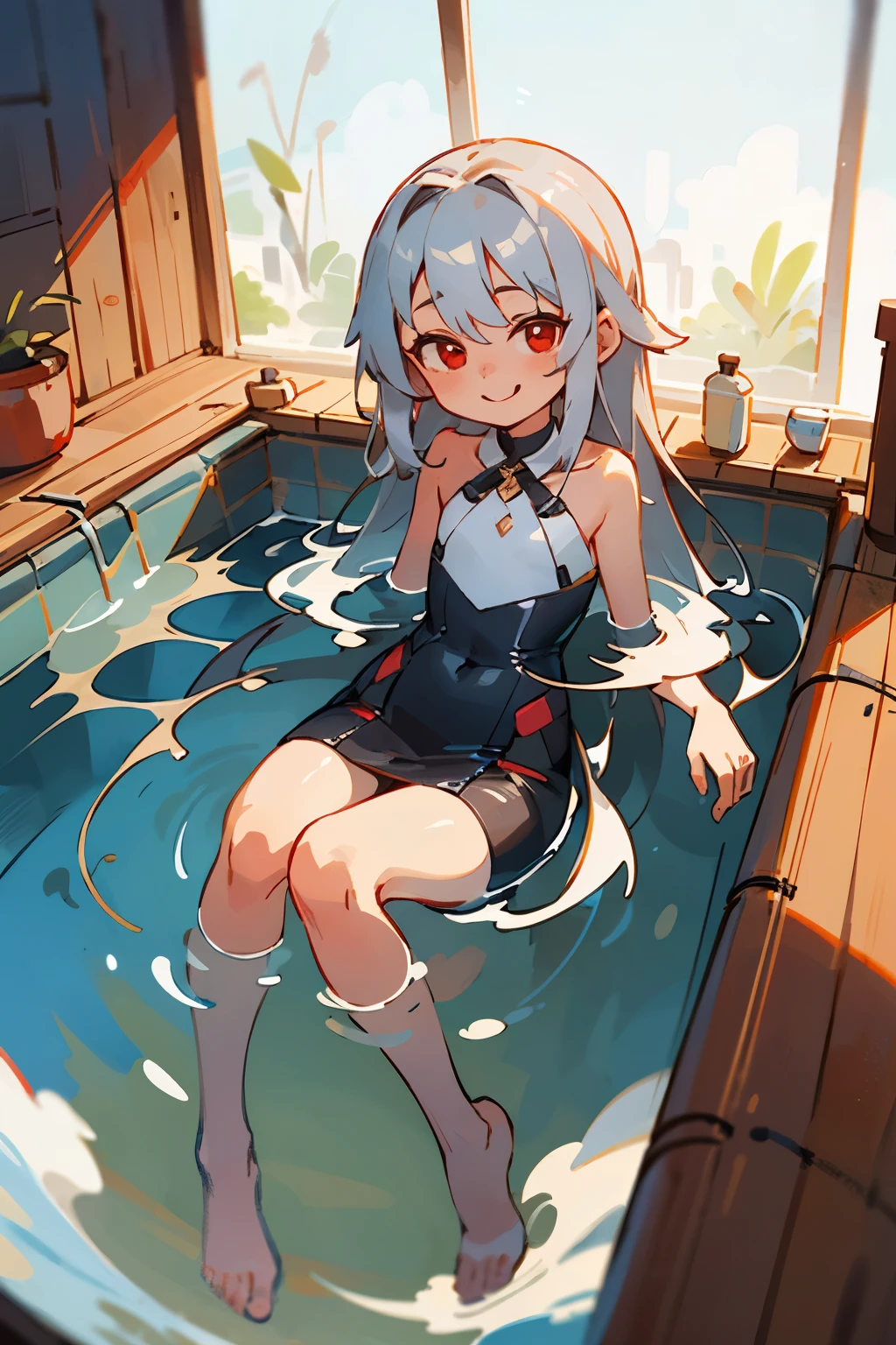 ((best quality)), ((masterpiece)), (detailed), 1girl, young girl, very short height, flat chest, narrow waist, silver hair, long hair, red eyes, happy expression, bathing in hot springs, top down view, full body, transparent water
