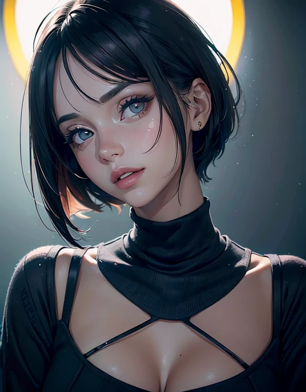 (realista,photorealista:1.37),mulher,wearing high collar sweater,cinto de liga usando,Pose sexy,rosto sorridente,olhos detalhados,detailed lips,visual elegante,cabelos longos flutuando ao vento,Contemporary antecedents,studio lighting,cores vivas