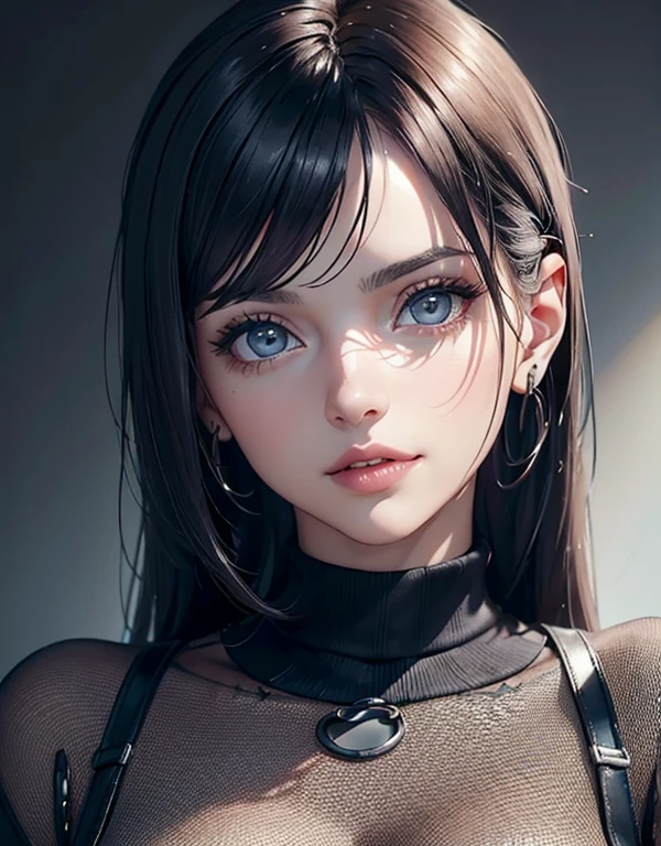 (realista,photorealista:1.37),mulher,wearing high collar sweater,cinto de liga usando,Pose sexy,rosto sorridente,olhos detalhados,detailed lips,visual elegante,cabelos longos flutuando ao vento,Contemporary antecedents,studio lighting,cores vivas