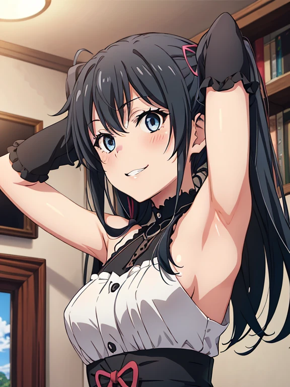 ((masutepiece, Best Quality, hight resolution, nffsw, Perfect Pixel, depth of fields, 4K, )), 1girl in, Solo, , Beautiful anime girl, Beautiful Art Style,
very low view angle:1.3, view from below:1.5, sky from below:1.5, living room background,
Perfect body, happy face:1.5 portrait:1.4, goth dress, armpits:1.5, arms back:1.3, teeth,
yukinoshita yukino, twintails, large breasts,
Full face blush, red face,
straight on:1.3, medium shot