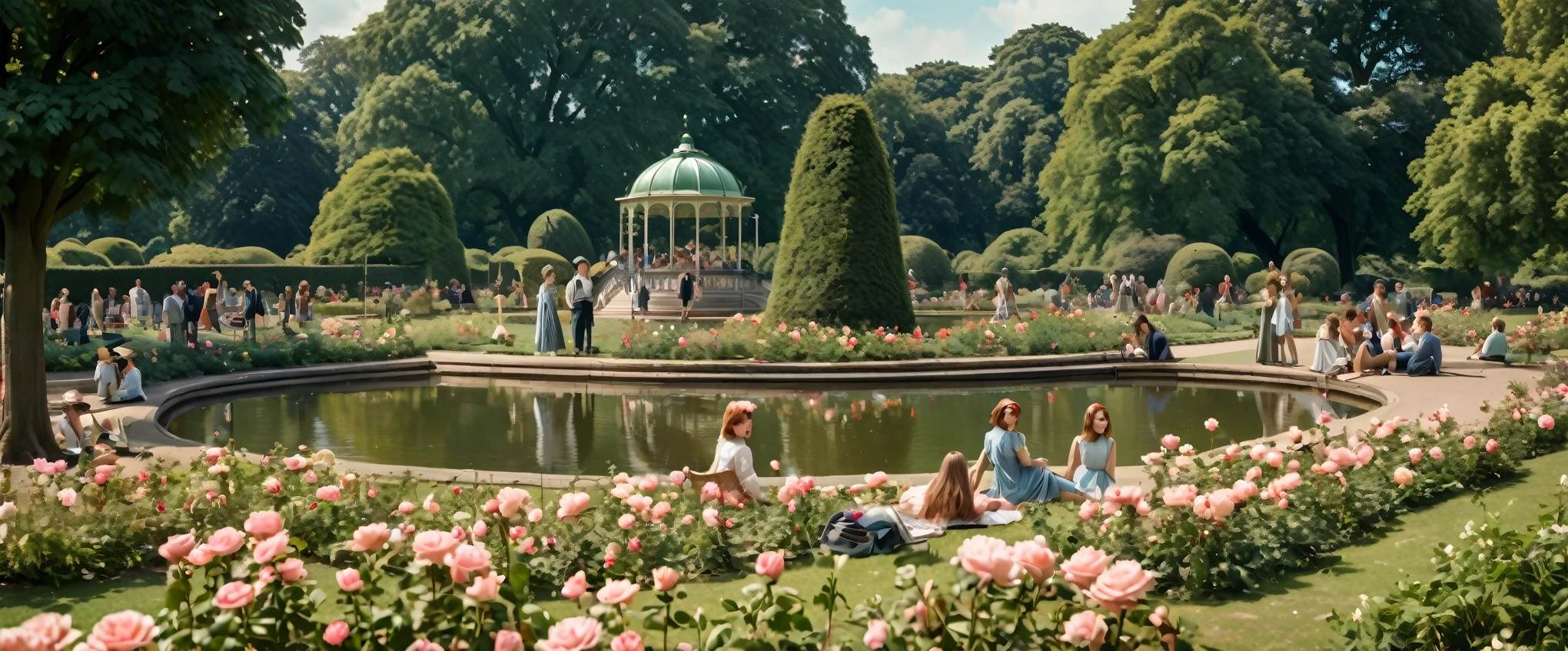 A picnic in Hyde park London UK, 1960s, Rose gardens, Duck pond, pretty girls, only a few people, photo real, best quality, masterpiece, very aesthetic, perfect composition, intricate details, ultra-detailed