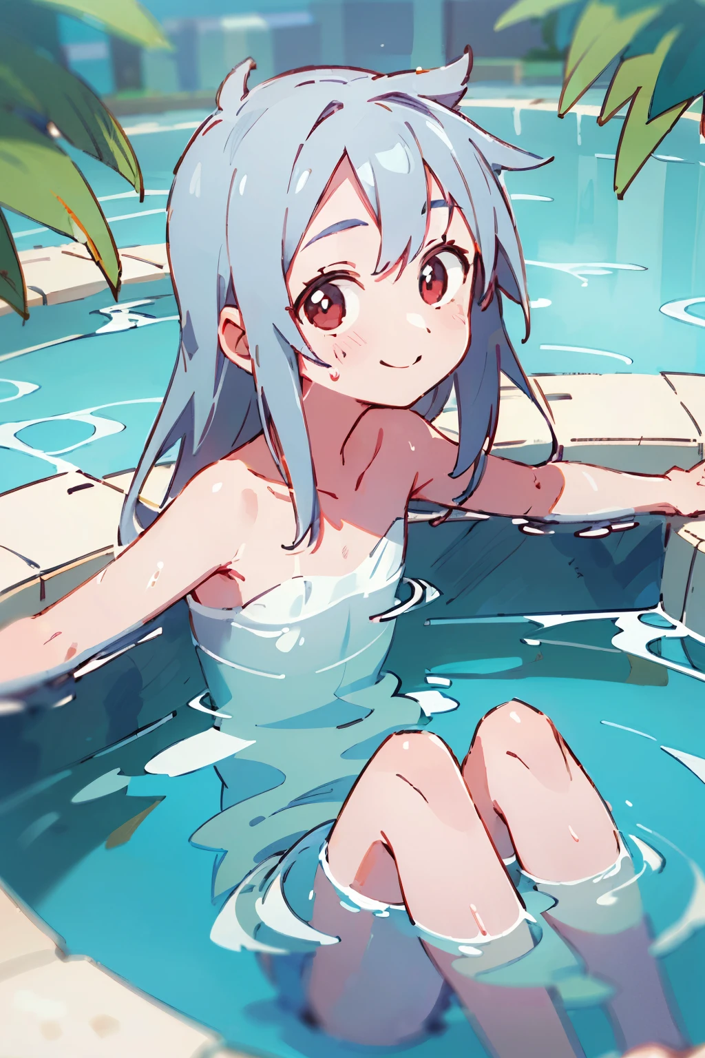 ((best quality)), ((masterpiece)), (detailed), 1girl, young girl, very short height, flat chest, narrow waist, silver hair, long hair, red eyes, happy expression, bathing in hot springs, top down view, transparent water, no clothing