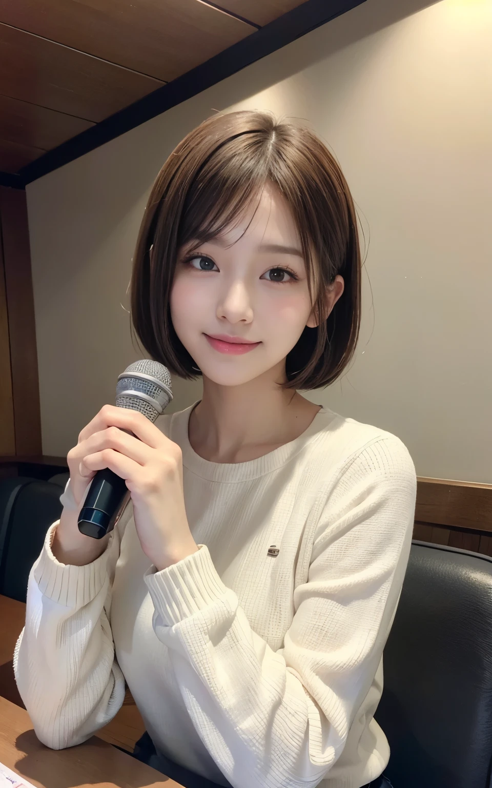 cute 21 year old japanese、Karaoke Box、Sing karaoke、Microphone in hand、super detail face、pay attention to details、double eyelid、beautiful thin nose、sharp focus:1.2、Beautiful woman:1.4、(light brown hair,short hair、),pure white skin、highest quality、masterpiece、ultra high resolution、(Photoreal:1.4)、Highly detailed and professional lighting、nice smile、Show the whole body、Snow white sweater、