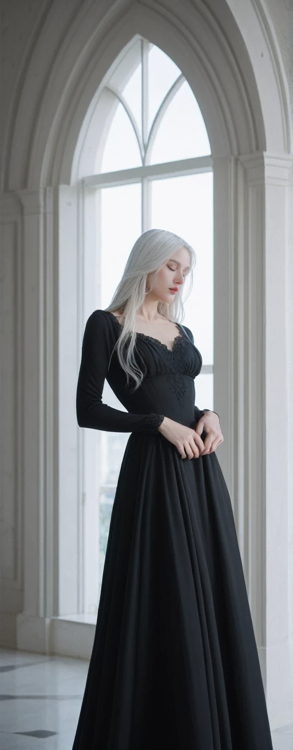 score_9, score_8_up, score_7_up, BREAK,
1girl, dress, solo, white hair, black dress, long hair, standing, skirt hold, closed eyes, realistic, long dress, looking down
