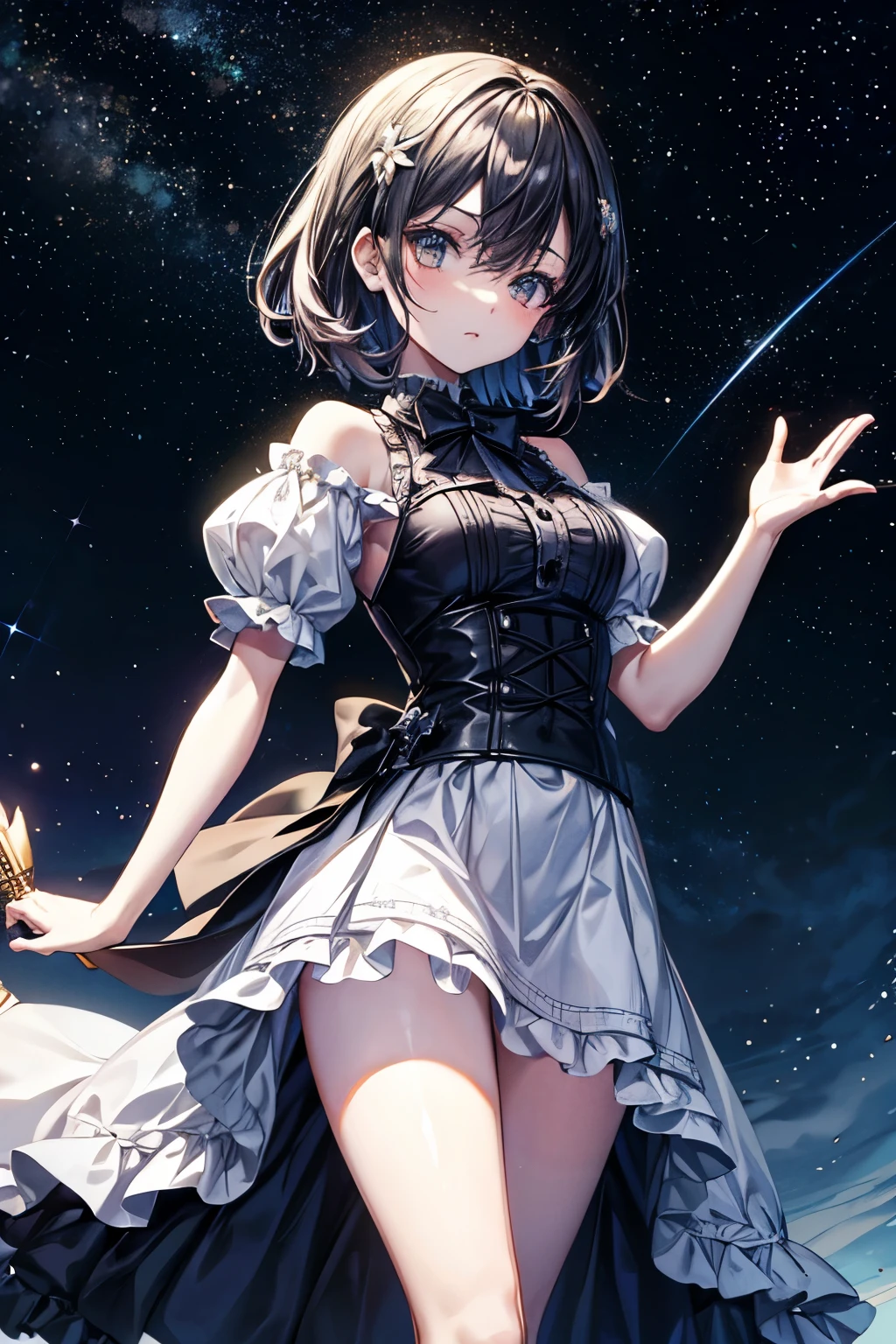 Chica con pelo blaco largo, pose linda, innocent expression, el fondo con estrellas