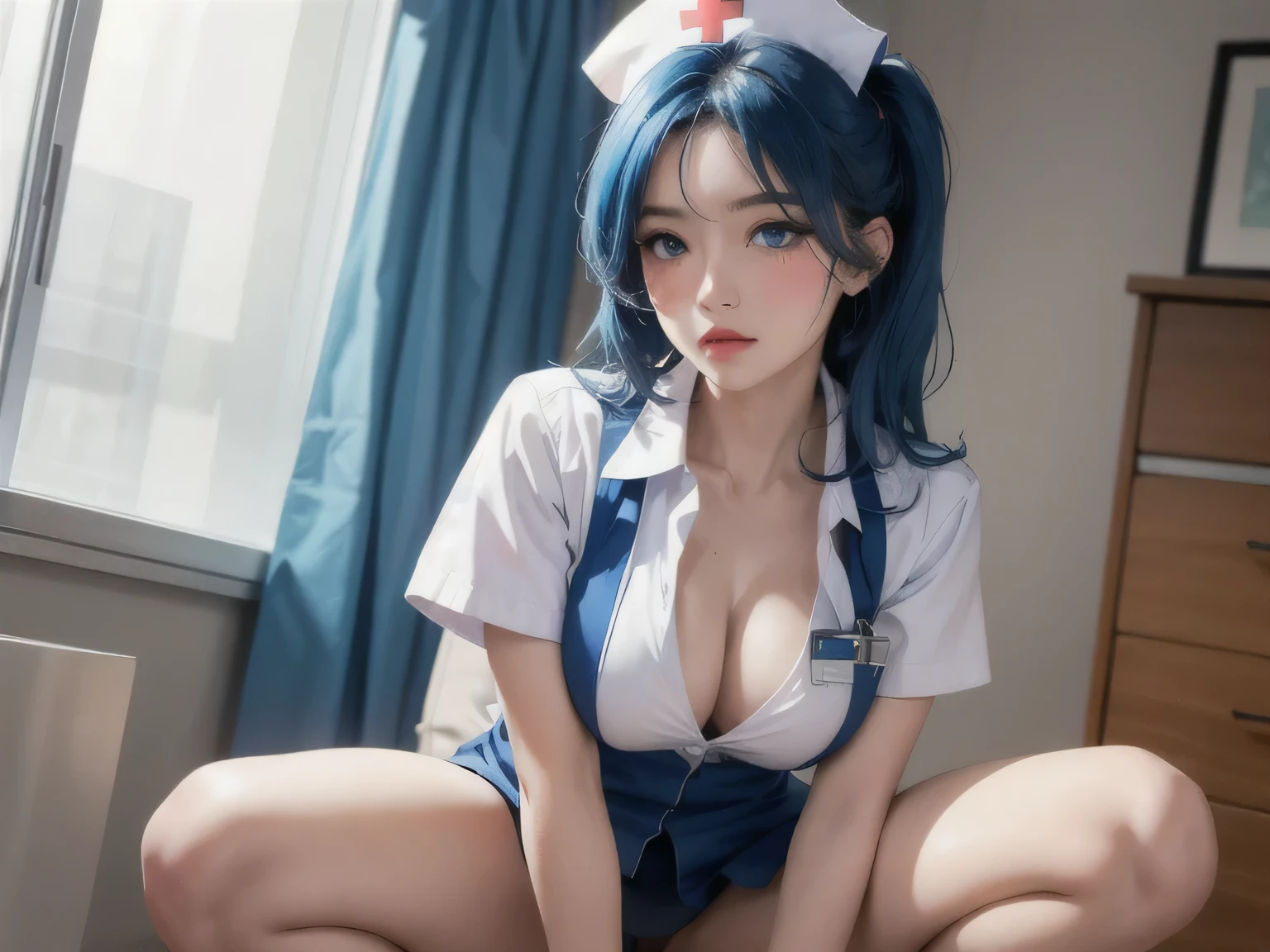 Nurse uniform、Hospital room、Squatting and spreading your legasterpiece:1.4, best quality), (intricate details), unity 8k wallpaper, ultra detailed, beautiful and aesthetic, perfect lighting, (1girl), (blue hair, blue eyes, medium breasts),, dynamic pose, dynamic angle, lipstick, slim, slim body, medium breasts, , detailed background, realistic, solo, perfect detailed face, detailed eyes, highly detailed, blush, hair ornament, rolling_eyes, cross-eyed,