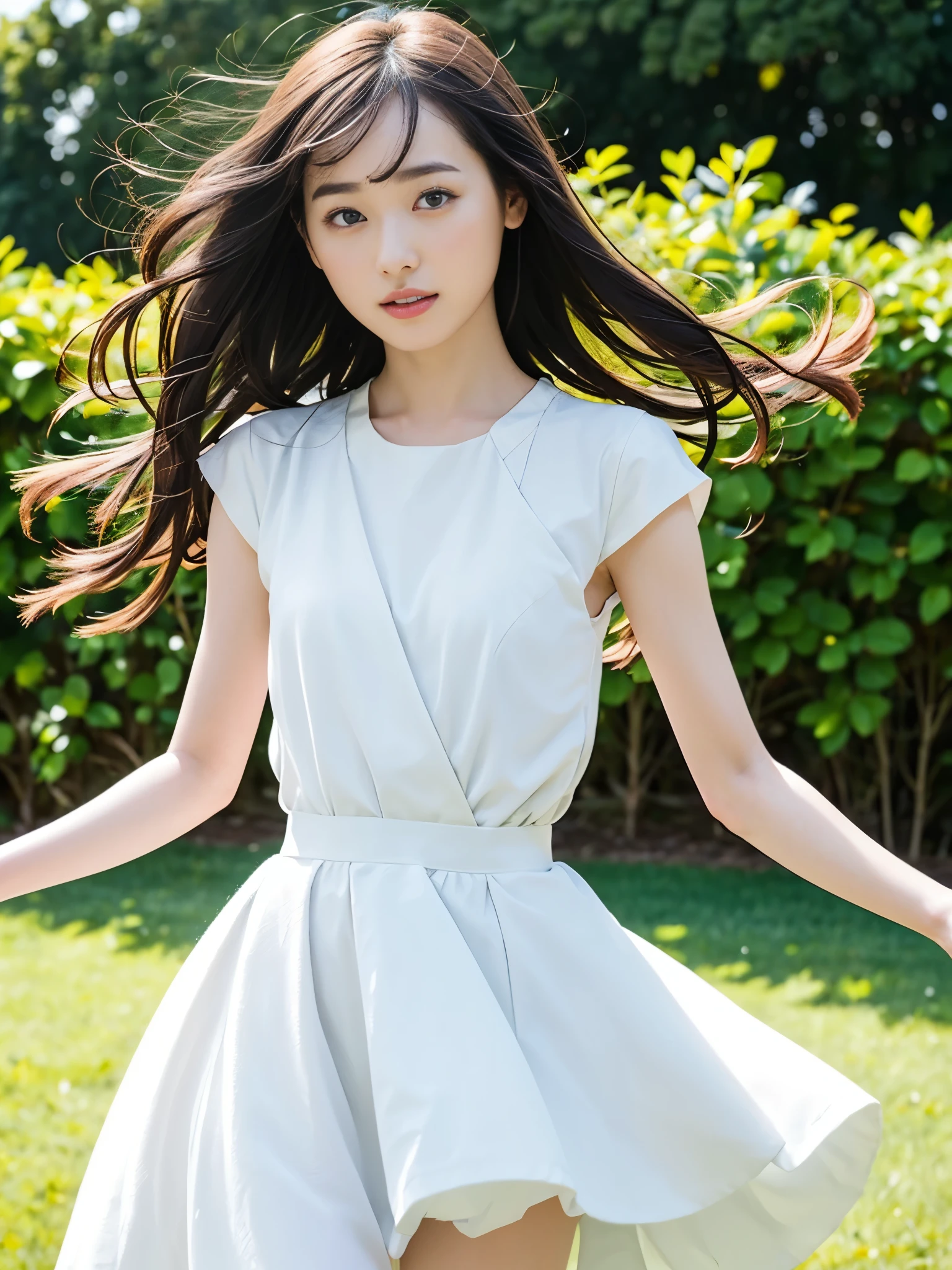 (masterpiece, highest quality:1.4), Award-winning portraits, 8k, 85mm, alone, Beautiful Face, Delicate girl, (Cheerleader、On the grass), Sophisticated, cute, , RAW Photos, Confused, High resolution, Sharp focus, Background Blur、(((flat 、thin and delicate body、Childish atmosphere)))、Glossy short bob、Mole on the left cheek、 Dark blue eyes、the skirt is swaying in the wind、Hair swaying in the wind、sexy、flexible legs、naked、Angle shot from below