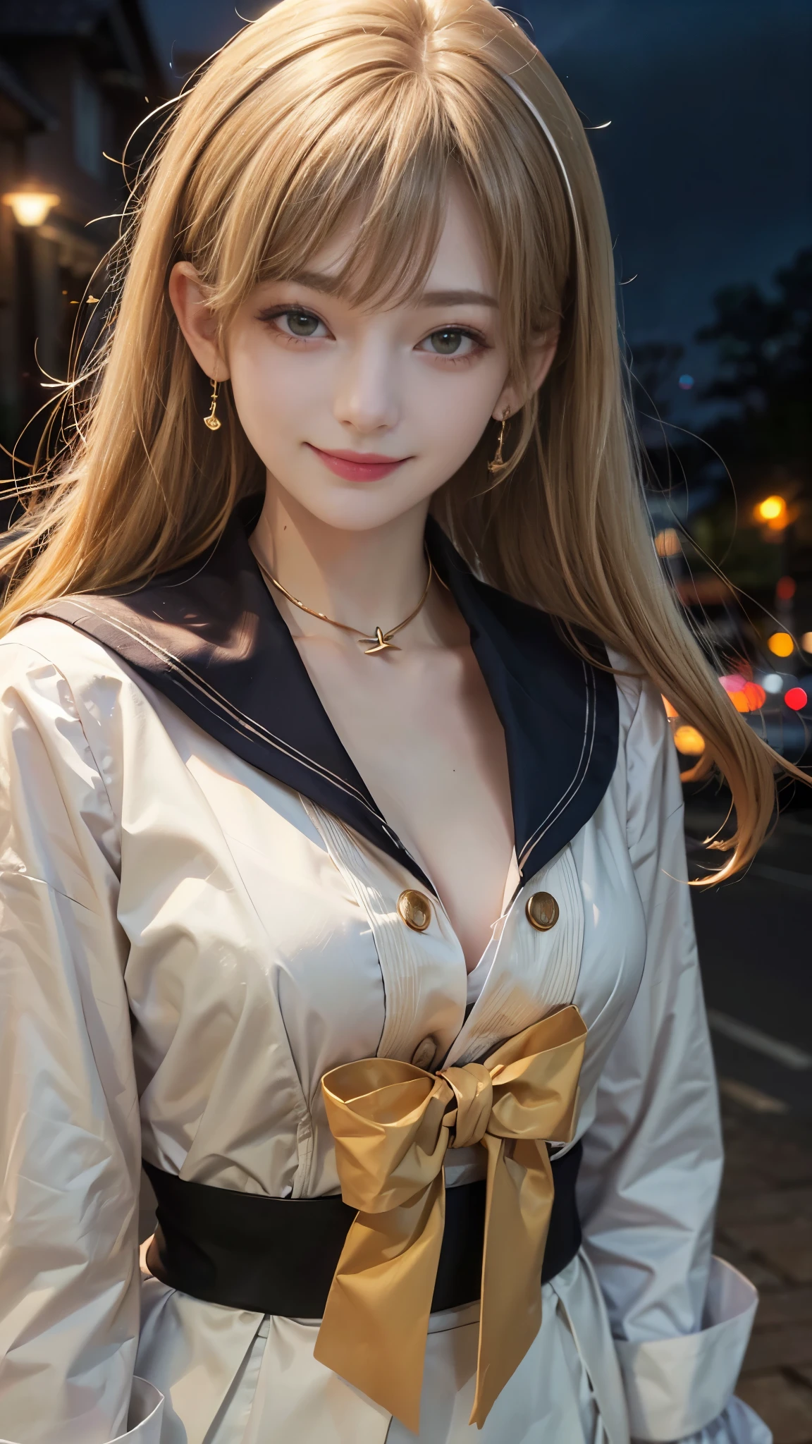 ((highest quality、Masterpiece、High resolution))、(((Zoom photo of upper body)))、(A shy smile:1.2)、One woman、Clear、Sailor suit、Cleavage、Trimmed bangs、Blonde Hair、Night in the city