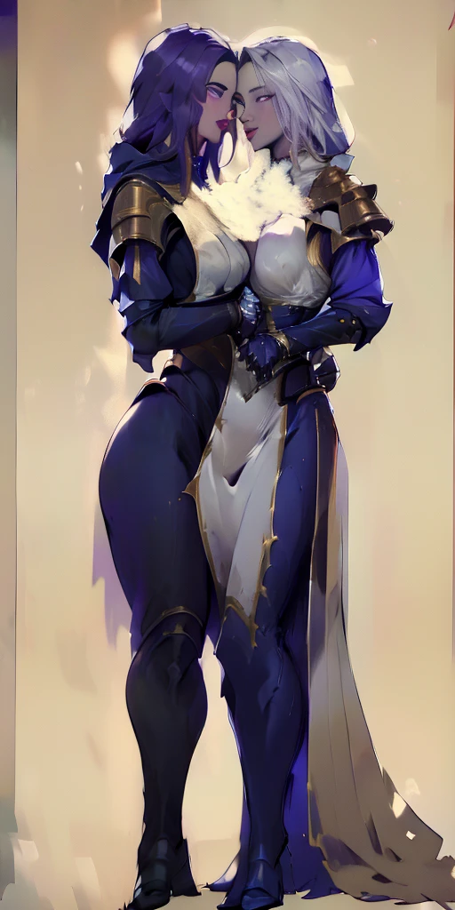 (Female hands on hips)(chest covered)(smile) purple skin, pale golden hair and violet eyes. She prefer clothing of white and silver with cloaks of deep blue or purple ((very precise detailed)) ((high res) plain background, red gloves gauntlets full body standing straight symmetrical looking to viewer, she kiss her twin sister bbc kiss 💋 😘 