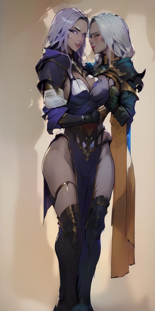 (Female hands on hips)(chest covered)(smile) purple skin, pale golden hair and violet eyes. She prefer clothing of white and silver with cloaks of deep blue or purple ((very precise detailed)) ((high res) plain background, red gloves gauntlets full body standing straight symmetrical looking to viewer, she kiss her twin sister bbc kiss 💋 😘 