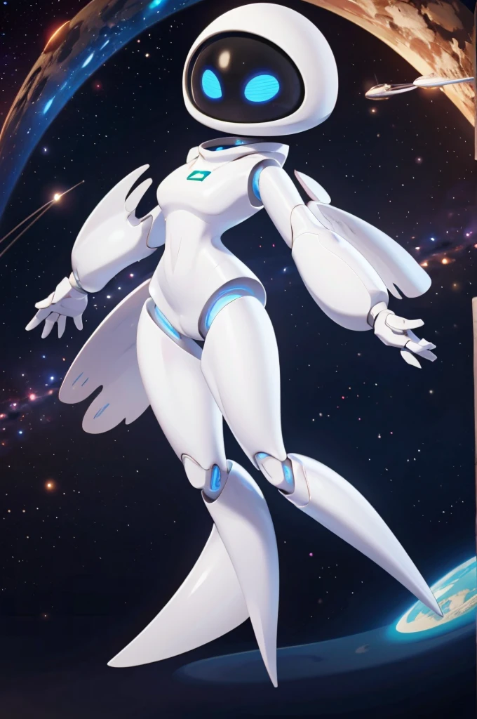 eve, , blue eyes, No mouth, White skin ,Screen surface, looking at the audience, full-body shot, floating, Stars and space, high quality, masterpiece,  