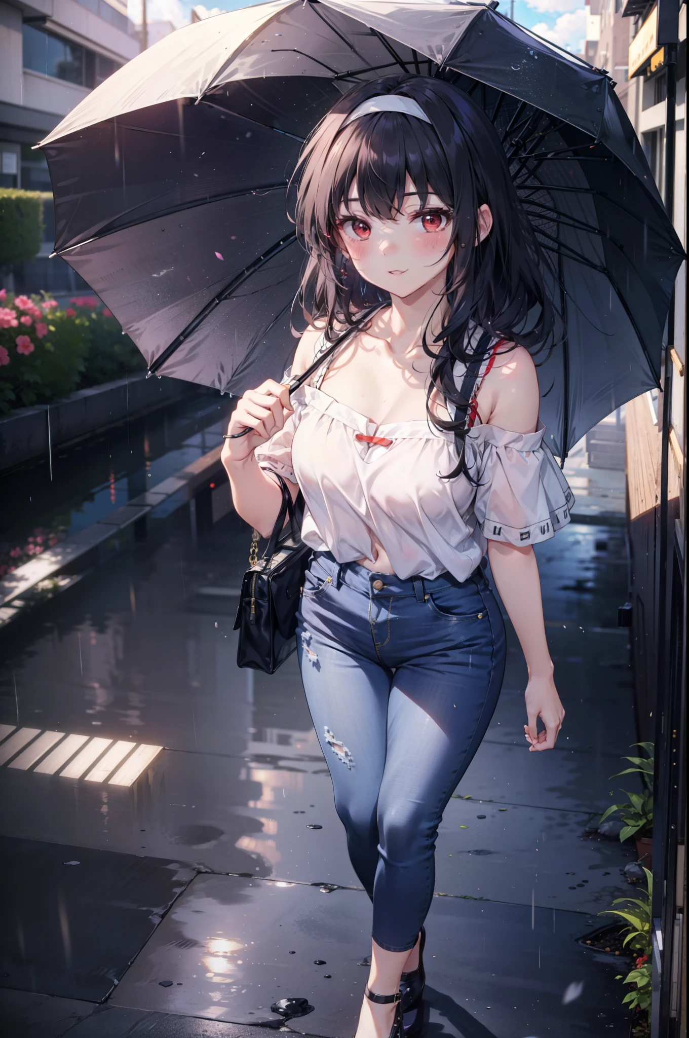 For profit, utaha kasumigaoka, Black Hair, hair band, Long Hair, (Red eyes:1.5), blush,blush,happy smile, smile, Open your mouth,whole bodyがイラストに入るように,Looking down from above,Cold shoulder tops,Short sleeve,Skinny jeans,Stiletto heels,walking,Cloudy,rain,black umbrella,black umbrellaのグリップを持っている,whole bodyがイラストに入るように,
break looking at viewer,whole body,
break outdoors, Building district,
break (masterpiece:1.2), highest quality, High resolution, unity 8k wallpaper, (figure:0.8), (Beautiful fine details:1.6), Highly detailed face, Perfect lighting, Highly detailed CG, (Perfect hands, Perfect Anatomy),