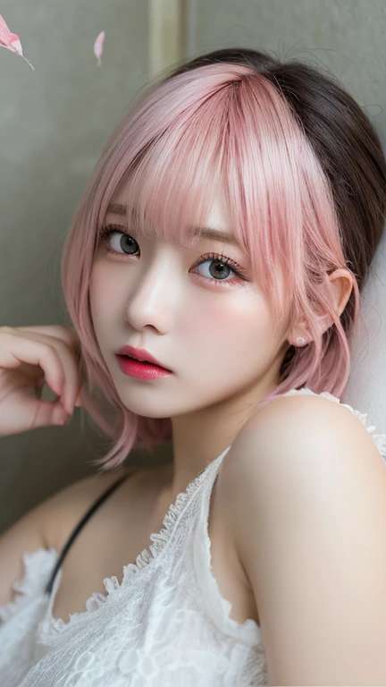 Pieces fly, highest quality, figure, Very detailed, Fine details, High resolution, 8k,wallpaper, Perfect dynamic composition, Beautiful fine details, White camisole,Short Bob Hair、Pink Hair Color,Big Natural Color Lip, Bold sexy pose,Crying a little、Cold Stare,Harajuku Style、20-year-old girl、Cute type、Lolita、Good Eyes、Sleeping in bed