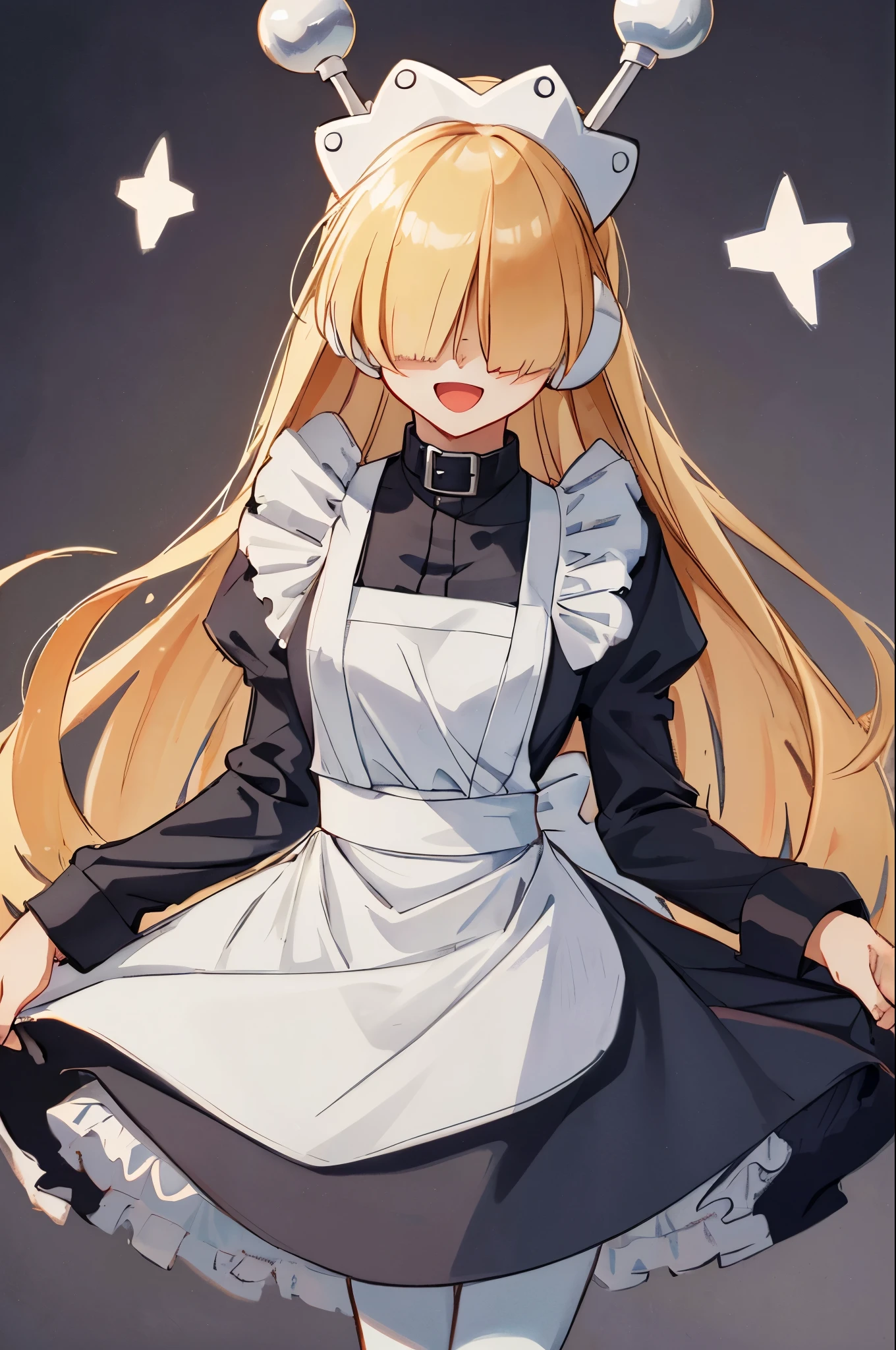 1girl, solo, headphones,((hair over eyes)),choker, blonde hair, long hair, maid, apron,long sleeves, maid headdress, white pantyhose, robot ears, dress, bangs, blunt bangs,smile,open mouth,masterpiece,Noise Reduction,perfect anatomy,high resolution, ultra-detailed,game cg,dutch angle ,beautiful detailed eyes,visualart,five fingers, perfect hands, perfect lighting,