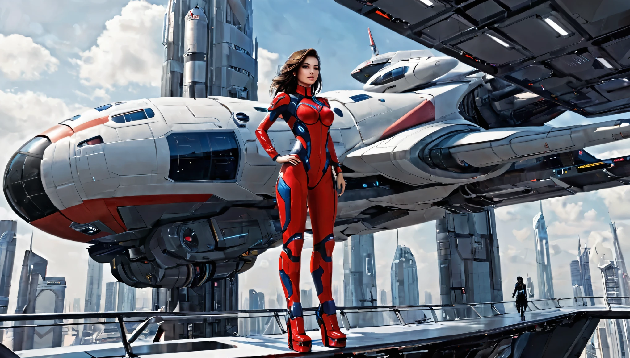 A beautiful brunette android in a blue and red cybernetic outfit climbs the ramp of her spaceship on a hangar platform of a spaceport high up in a skyscraper in the center of a futuristic matropolis