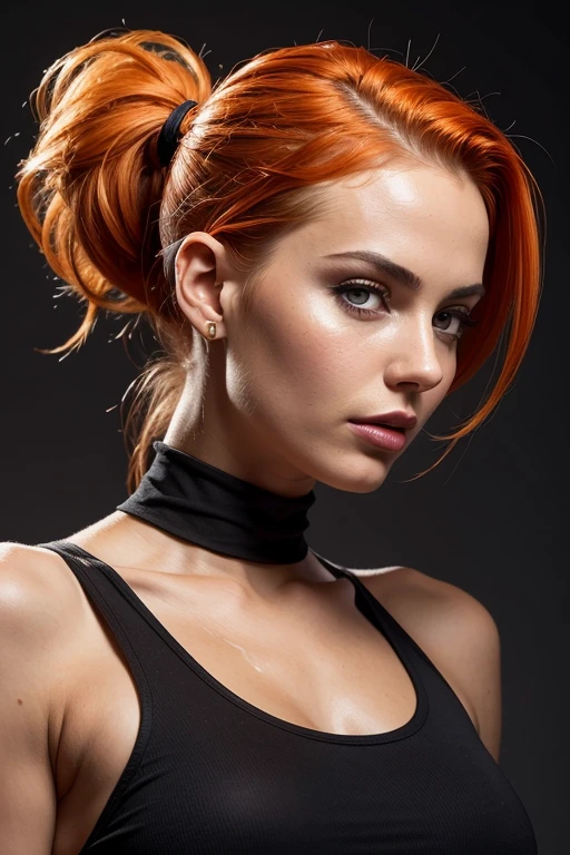 Gorgeous european woman with very short straight hair, short ponytail, wet hair, hair slicked back, combed straight back, slick hair, streaked orange hair, seductive, dressed as misty from pokemon, cleavage, solid dark grey background