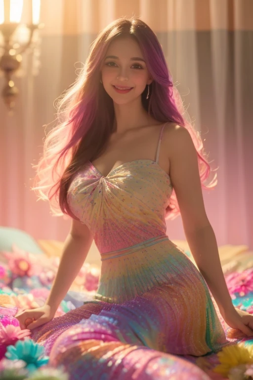 masterpiece, hyper realistic, full body, happy colorful alluring a pretty woman in the style of Anna Dittman, smile, realistic face, realistic skin, realistic hair and all, diffused soft lighting, soft focus, cinematic long shot, hypermaximalist, illustration, sensual aesthetic, vivid, best quality, UHD, 8K