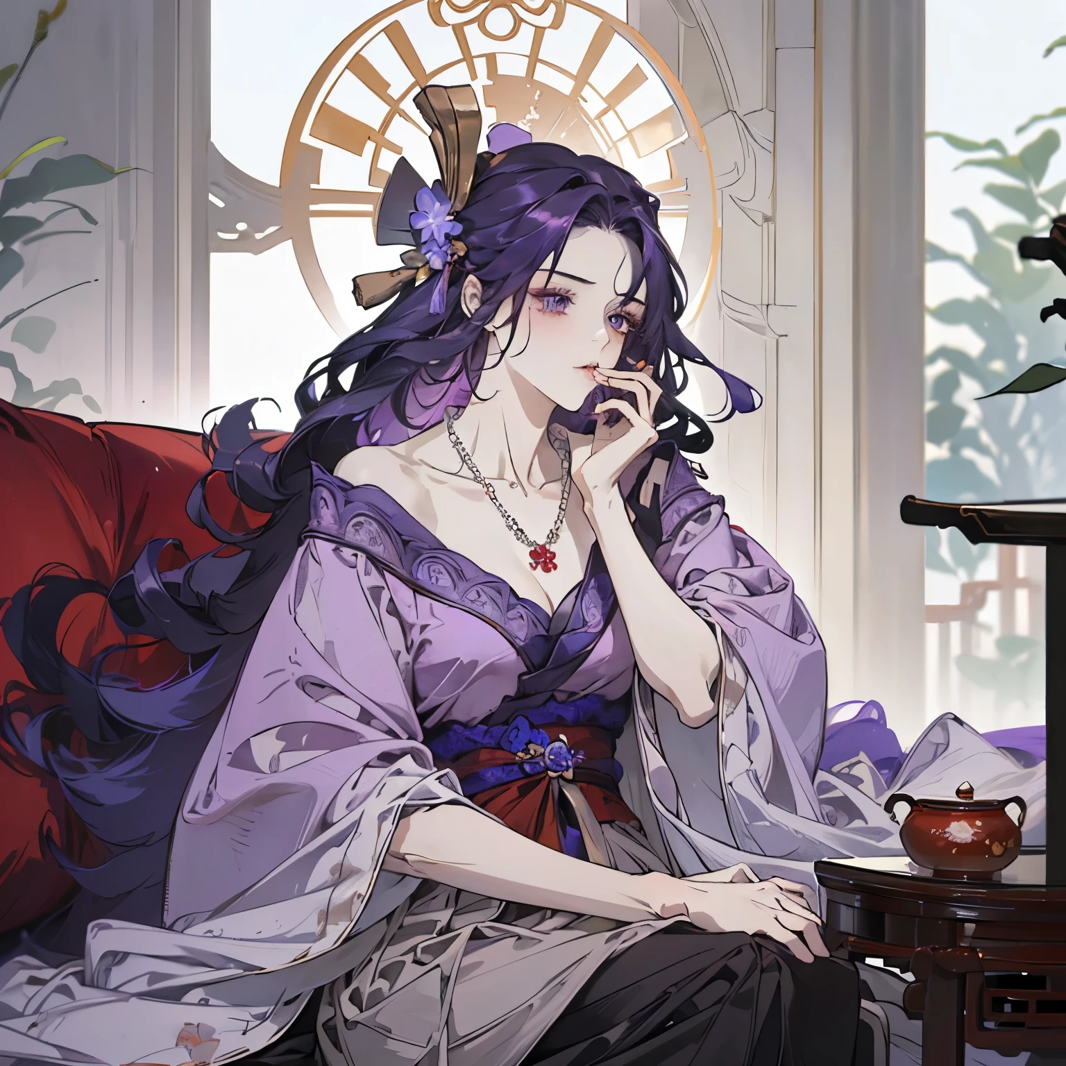 Best quality at best, Ultra-high resolution, (((1 girl))), (Long purple hair), (violet eyes), (Chinese clothes), (((Red Flowers necklace around her neck))), (Ultra Long Skirt), Hanfu, Yarn, Flowing light yarn, jewelry, (focal), (((Colorful))), particle fx , tmasterpiece, Best quality at best, beautiful painted, meticuloso, highly detailed, (tmasterpiece, Best quality at best) CG unified 8K wallpaper,((sitting chinese mashon/room and drinking)) tmasterpiece,Best quality,ultra - detailed), Super HD picture quality
