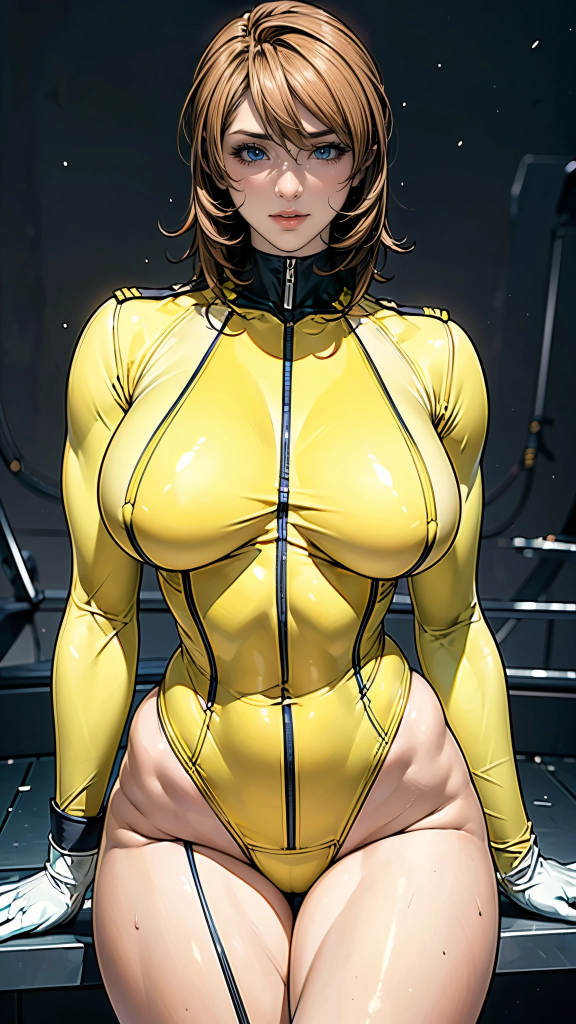 (masterpiece),(highest quality),(Very detailed),(High resolution),(Photorealistic Stick),(Realistic),(8k),wallpaper,Perfect lighting,BREAK(One Woman),((MoriYuki:1.5)),(MoriBodysuit, yellow bodysuit, belt:1.5),(MoriUniform, white gloves, military uniform, brown jacket, ascot, belt:1.5),(22 years old),(((Extremely form fitting bodysuit:1.5))),(((Very detailedなボディスーツの描画:1.5))),(Beautiful Eyes:1.5),(Detailed face drawing:1.5),(Detailed face drawing:1.5),((Very detailedな女性の手:1.5)),(Shiny skin:1.0),(((Very muscular:1.5))),((Big Breasts:1.5)),(Fleshy),(((Thick thighs:1.5))),(Sensual body),(black background:1.5),(((Blur the background:1.5)))