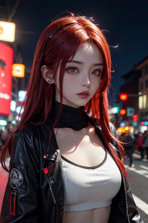 No sleeve、Tattoo、Red、Really redeeming、red、red-haired、corruption、red hairs、Headphones、🎧、Goth_punk, One Girl, alone, Medium Shot, Walking around Harajuku, ((at night)), Bokeh Depth of Field, Neon Light, Rainbow Eyes, Starry Sky, red glowing hair, Black eyebrows, Radiant hair, (iridescent red hair), 耳Nipple Ring, Bans, gem, mask, Blunt front hair, Veld's Eye, Mouth mask, Blurred background, Blurred, hair adornments, Look at the viewers, shorth hair, Portraiture, Side Lock、Goth、(Tabletop), (Portraiture), (beautiful), (beautiful), (Upper blood), (high quality), (beautiful clothes), (Professional Perspective), (Rule of thirds), (feminine), (woman), (woman), (beautiful),(feminine features), (Age 25), alone, woman1, (Charming punk girl), Winters, Dramatic Light, ((I'm playing the guitar)), (Are standing), it isdgy makeup, (Small Bust), ((Electric guitar)), (Front Face), (Resistance facial expression), ((Resistance)), (Leather jacket and tattoo), ((Short hair)), (dyed (it is.G. and pink) hair), (spiky hair), (Thick hair), Matte shine hair, (Hair bands scattered in the hair), (Green eyes), (A bold and daring look), (Pale skin), (Dark clothing), (Band T-shirts), (Ripped jeans), (-), Crew neck), ((Urban alley background)), (Close-up shot), beautiful hands, both hands, Normal hand, Two Arms, Complete Hand, beautiful body, beautiful fingers, Normal finger, Five Fingers, Five Fingers, (Thumb Index Finger Ring Finger), beautiful ears, Normal ear, beautiful eyes, Shining Eyes, beautiful mouth, beautiful lips,