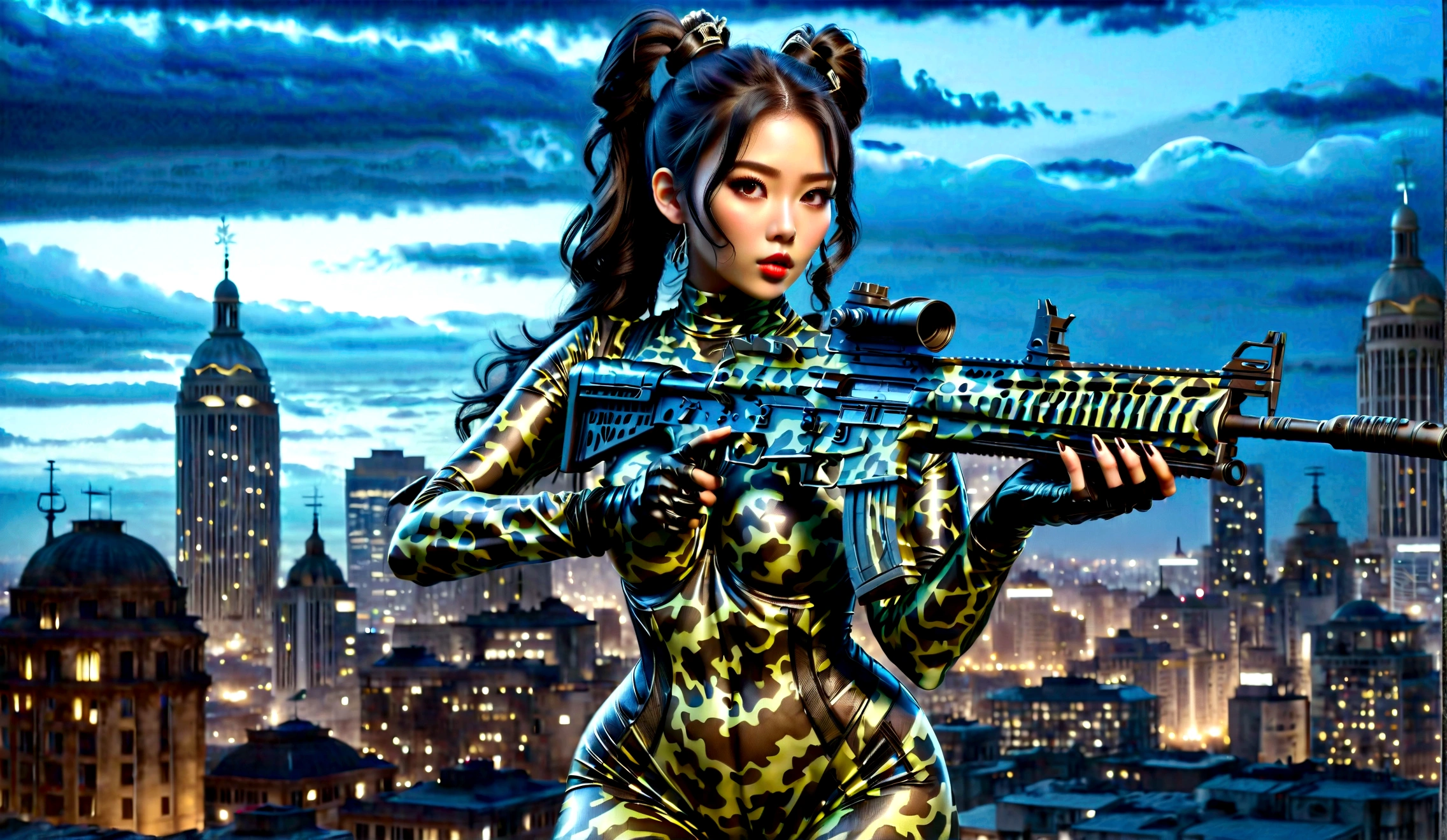 Beautiful Asian woman, large breasts, black hair slicked back in a two-bun hairstyle, wearing a (night camo:1.4) latex bodysuit and (night camo makeu:1.4), holding an assault rifle, on the roof of a high-rise building, against a night cityscape, dark background, full body portrait, master of calligraphy, immortal, (highest quality, 4k, 8k, high resolution, masterpiece: 1.2), ultra-detailed, (realistic, photorealistic, photorealistic: 1.37), HDR, studio lighting, extremely detailed, vibrant colors, cinematic lighting