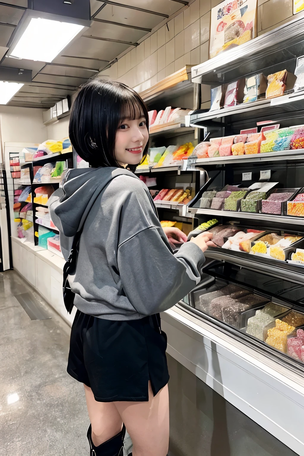 One girl、black hair、short hair、Logo hoodie(gray)、hot pants(black)、boots with buckles(black)、indoor、Earthen floor、Showa Retro、Display shelves of sweets、Inside the candy store、While walking、smile、Back view、Composition from below