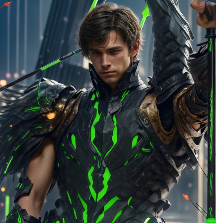 (ultra realistic,32k, masterpiece:1.2, UHD),(high detailed skin:1.1),( high quality:1.1), 1 boy, brown short raw cut hairs, brown eyes, green techno fantasy armor, cyberpunk, techno fantasy bow with ((energy bow arch)),((energy arrows)), caucasian race, light decourations, 18 years old 