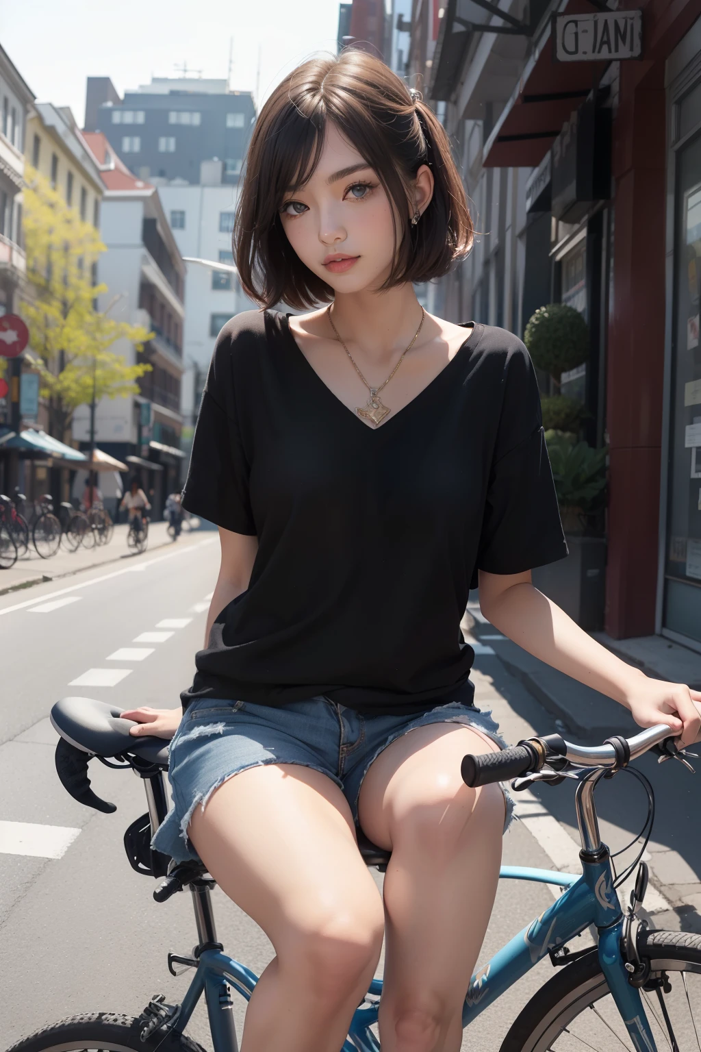 ((Best quality)), ((Meisterwerk)), (Detaillierte), a girl sits on a bicycle, Beine spreizen, Delfin-Shorts