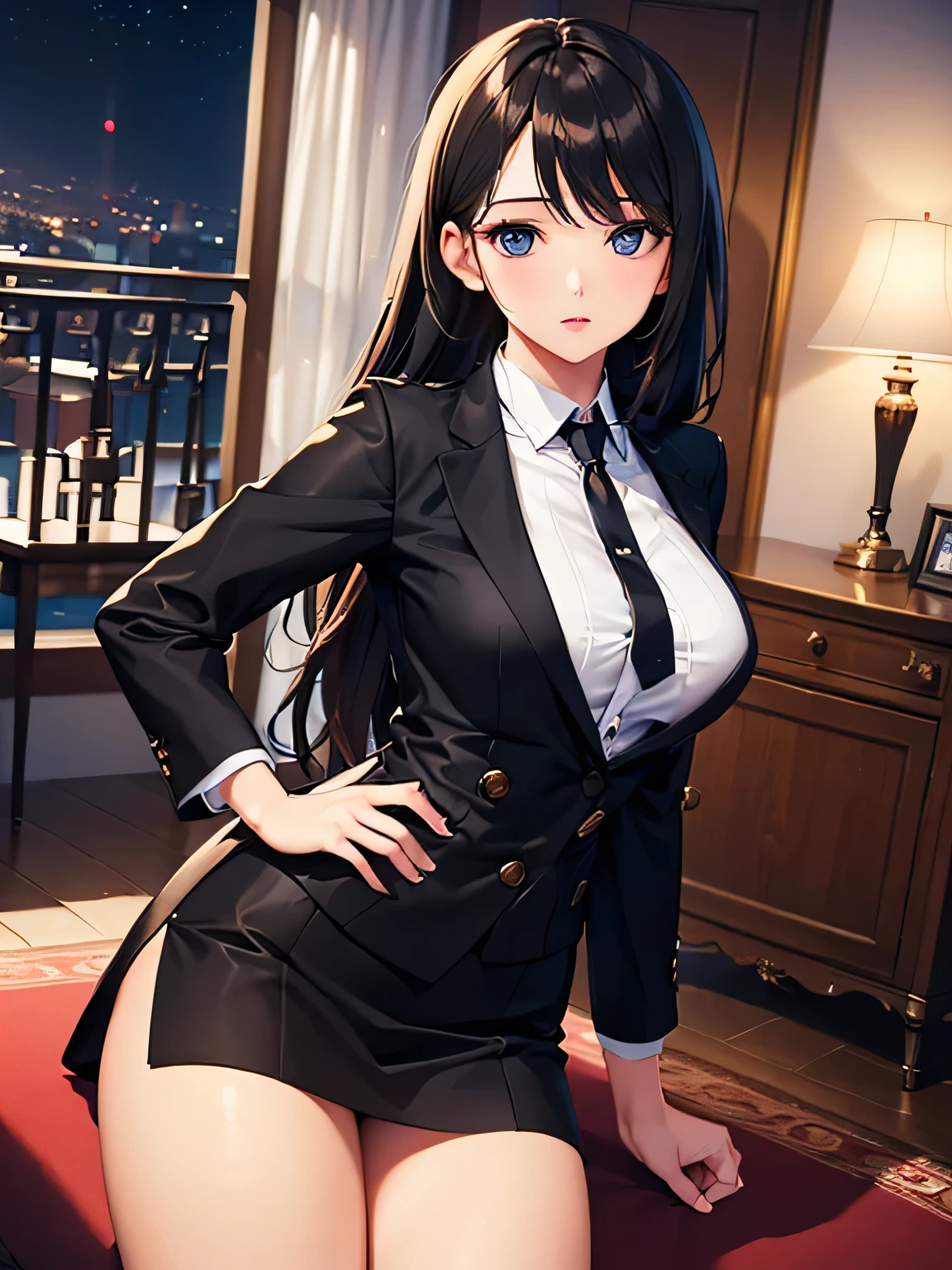 (((1 girl))), masterpiece, highest quality, Ultra-realistic 8k CG, Perfect artwork, The perfect woman, Dramatic Shadows, Perfect hands, ((Cute Face)), Beautiful Face, beautiful girl,((night)),suit,((Inside the house))