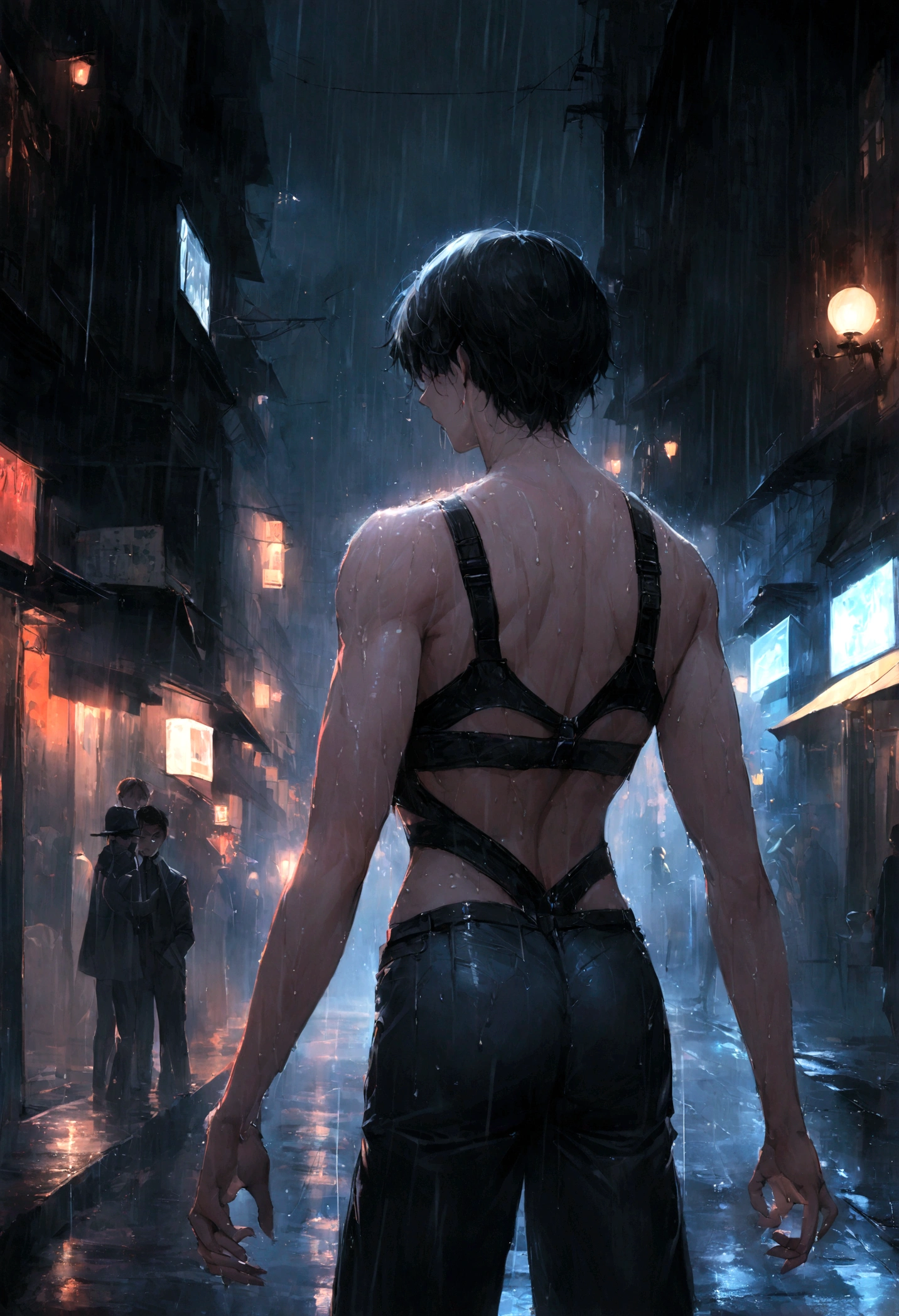 vue de dos d'male, from the front, male ,In front of him, Atmosphere Tendu, tension, Bra Le Long du Corps, On a rain-soaked street at night, lighting movie , Format 9:16, masterpiece