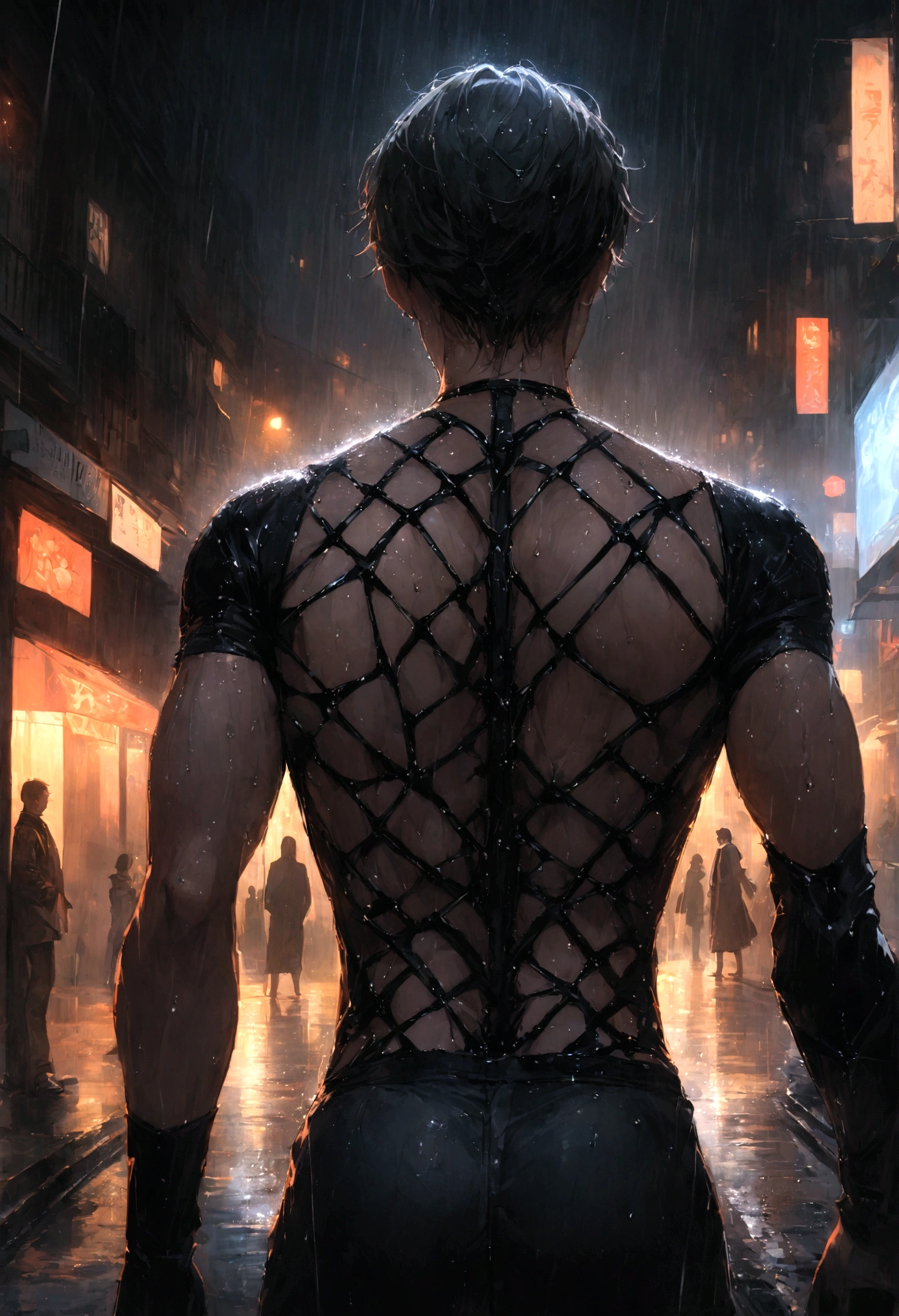vue de dos d'male, from the front, male ,In front of him, Atmosphere Tendu, tension, Bra Le Long du Corps, On a rain-soaked street at night, lighting movie , Format 9:16, masterpiece