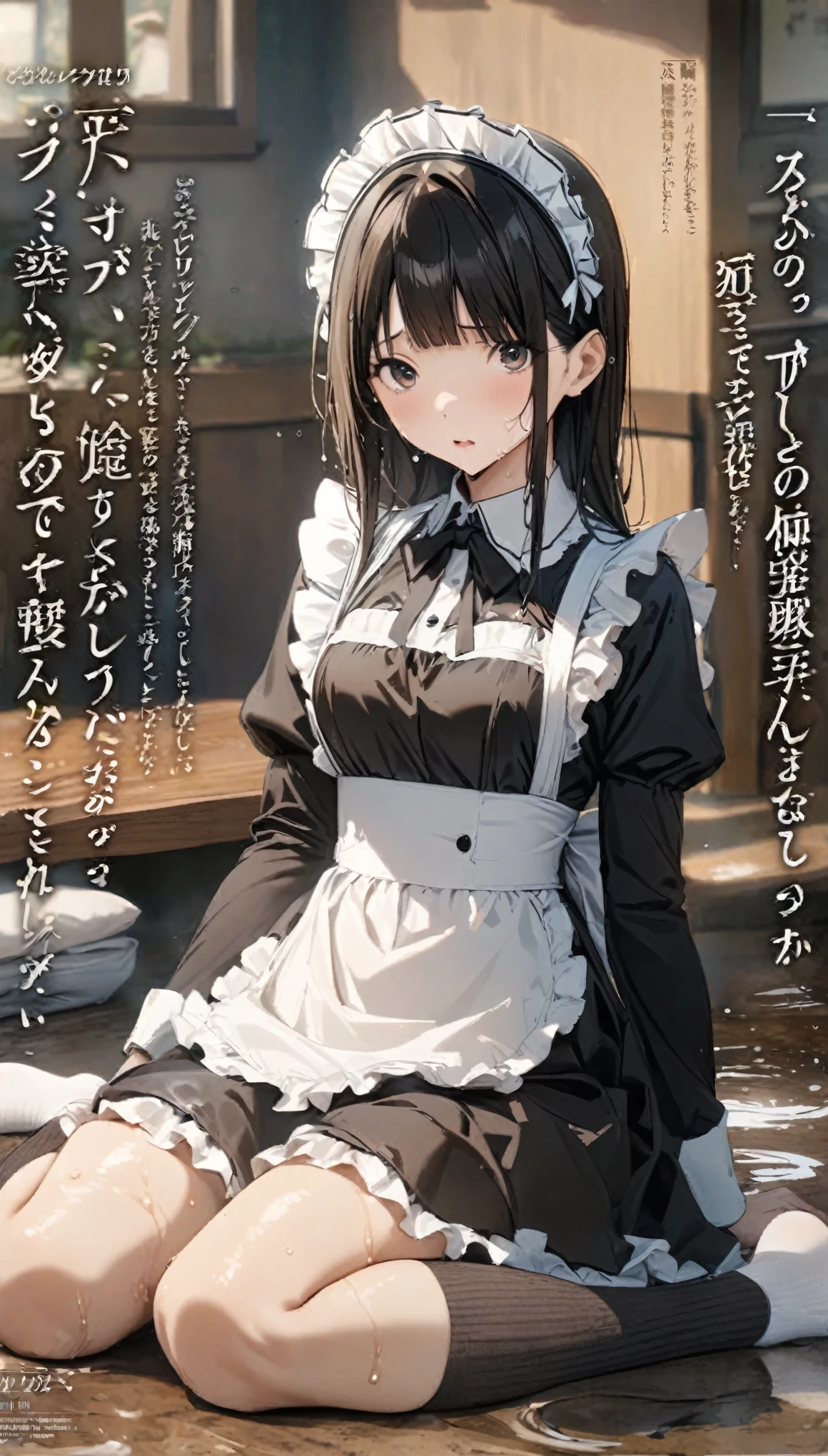 Magazine cover(masterpiece, best quality:1.2),Maid，（（（The eyes are delicate）））Whole body wet（（Wet maid clothes））Socks，Wet floor（8K）（HD）