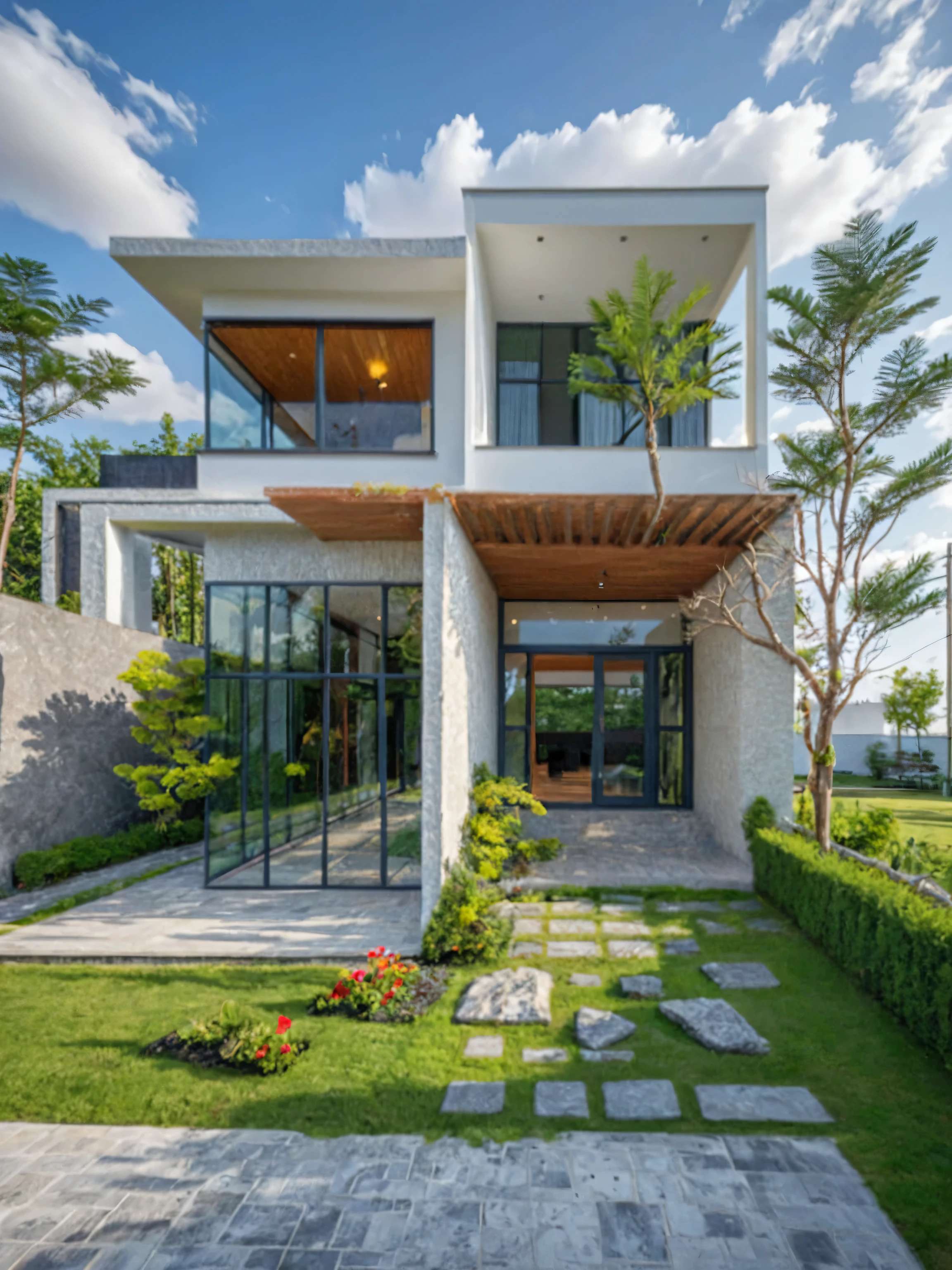 Masterpiece, high quality, best quality, authentic, super detail, outdoors, onestoreyvillaXL, aiaigroup, random villa style modern on the garden ,stairs, white wall , swimming pool, road,pavement, grass, trees, sky, cloud, (daylight:1.1), random style color exterior