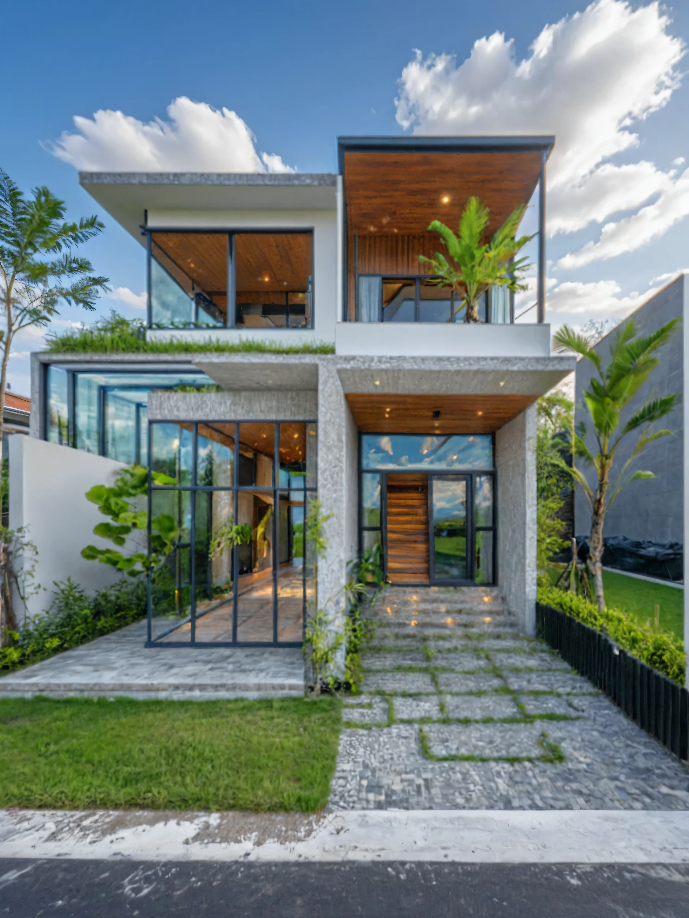 Masterpiece, high quality, best quality, authentic, super detail, outdoors, onestoreyvillaXL, aiaigroup, random villa style modern on the garden ,stairs, white wall , swimming pool, road,pavement, grass, trees, sky, cloud, (daylight:1.1), random style color exterior