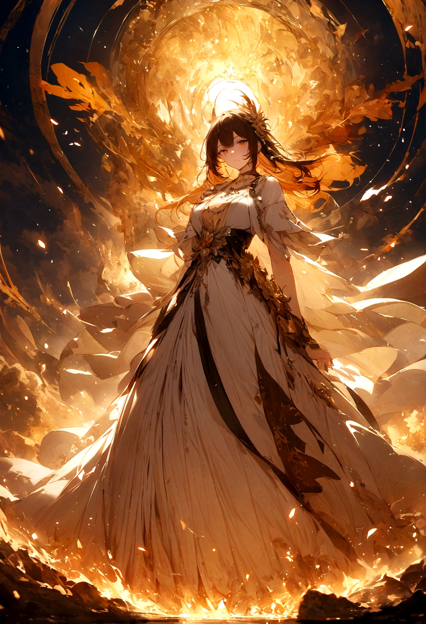 masterpiece,best quality,Chinese Girl,Hanfu,whole body,Jewelry,necklace,dress,Bouquet,cloud,sunrise,Sky,dawn,The whole mountain shines with golden light,Intoxicating beauty,2D Concept Design,Phoenix。