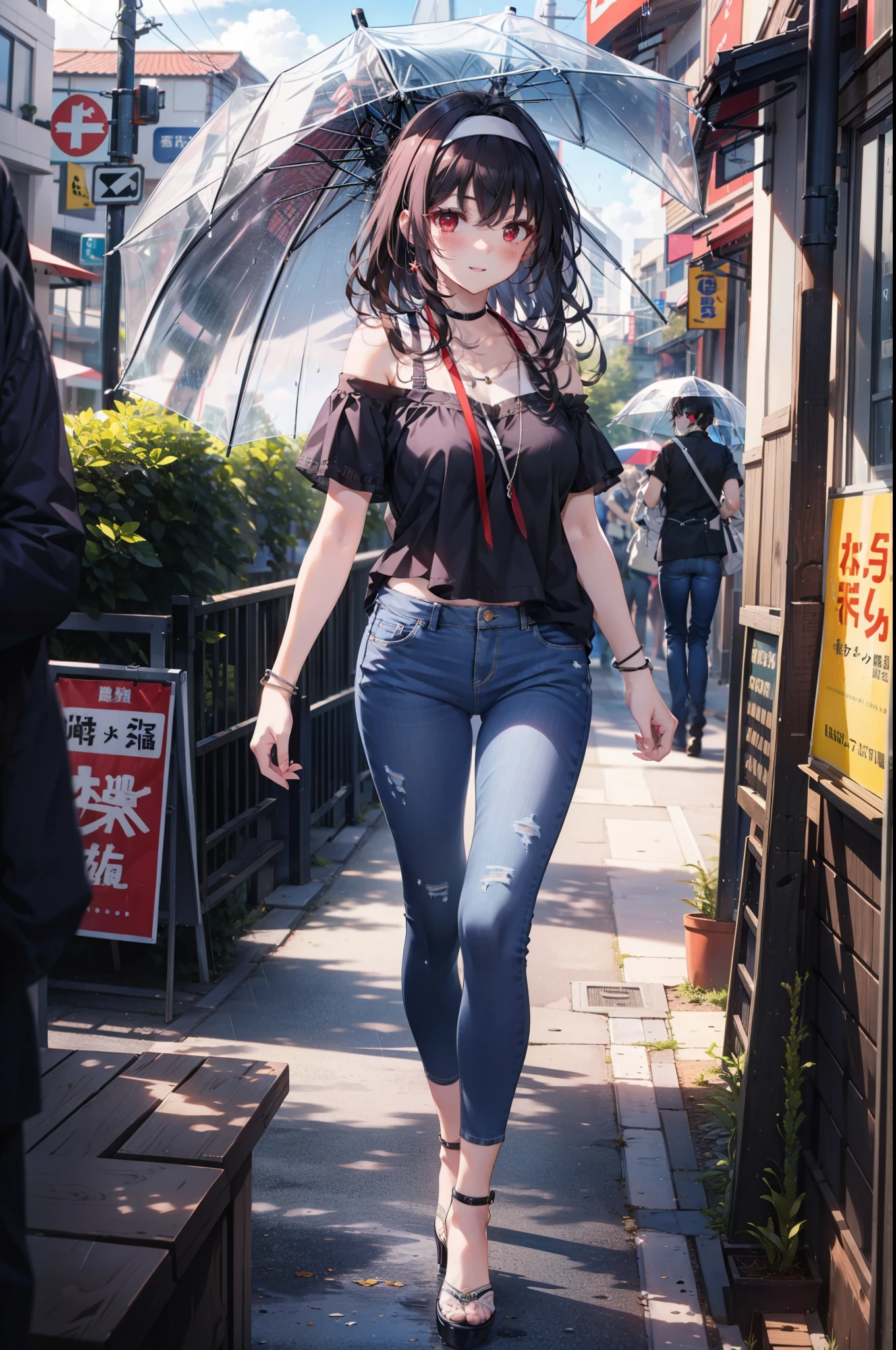 For profit, utaha kasumigaoka, Black Hair, hair band, Long Hair, (Red eyes:1.5), blush,blush,happy smile, smile, Open your mouth,whole bodyがイラストに入るように,Looking down from above,Cold shoulder tops,Short sleeve,Skinny jeans,Stiletto heels,walking,Cloudy,rain,black umbrella,black umbrellaのグリップを持っている,whole bodyがイラストに入るように,
break looking at viewer,whole body,
break outdoors, Building district,
break (masterpiece:1.2), highest quality, High resolution, unity 8k wallpaper, (figure:0.8), (Beautiful fine details:1.6), Highly detailed face, Perfect lighting, Highly detailed CG, (Perfect hands, Perfect Anatomy),