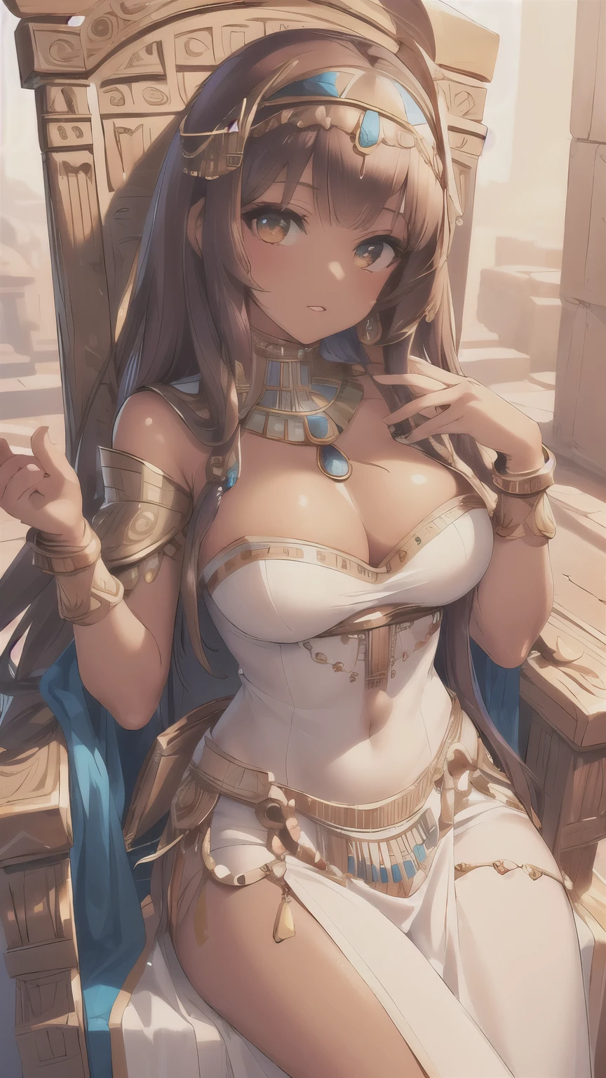 ((best quality)), ((masterpiece)), (detailed face and eyes), perfect face, accurate, textured skin, high details, highres, Cleopatra, queen of ancient Egypt, in silk dress, jewelled crown, lipstick, cowboy shot, Tanned skin, brown skin, throne, from above