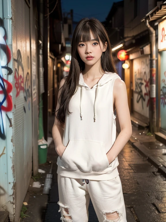 RAW Photos, 8k, (highest quality), Realistic, (Live Action, Intricate details), (Natural skin texture, Detailed skin, Hyperrealism, Sharpness), (20 year old Japanese girl in a dirty alley At night, Put your hands in your pockets, graffitied wall:1.3), ((White hoodie, Sleeveless, Sleeveless, White jersey pants)), (Flat Chest:1.3, Pale skin:1.2, Slender body), ((Straight hair, Blunt bangs)), (Attractive face, Provocative look, Lips parted:1.3, Sagging under the eyes:1.2, Red thick lips), graffiti:1.5, At night, Upper Body Shot