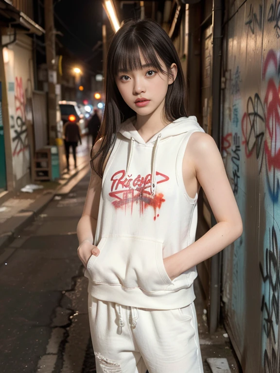 RAW Photos, 8k, (highest quality), Realistic, (Live Action, Intricate details), (Natural skin texture, Detailed skin, Hyperrealism, Sharpness), (20 year old Japanese girl in a dirty alley At night, Put your hands in your pockets, graffitied wall:1.3), ((White hoodie, Sleeveless, Sleeveless, White jersey pants)), (Flat Chest:1.3, Pale skin:1.2, Slender body), ((Straight hair, Blunt bangs)), (Attractive face, Provocative look, Lips parted:1.3, Sagging under the eyes:1.2, Red thick lips), graffiti:1.5, At night, Upper Body Shot