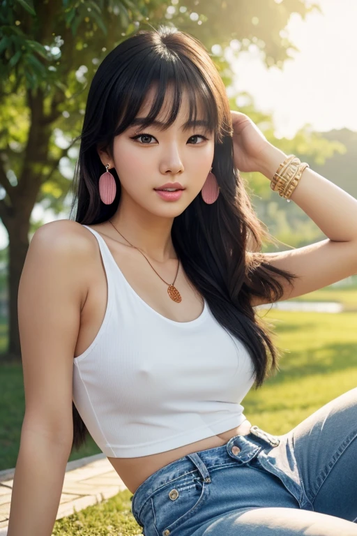 1 girl, Korean model, extremely beautiful, perfect body, tank top, jeans, necklace, earrings, bracelet, masterpiece, 8K, lifelike. White, smooth and shiny skin. Glossy pink lips, pink eyeshadow, eyelashes, blush, cosmetics, bright white skin, detailed pores, shiny skin, shiny skin. Her hair is black, long and smooth, blowing in the wind ((floating)) under the sunlight.